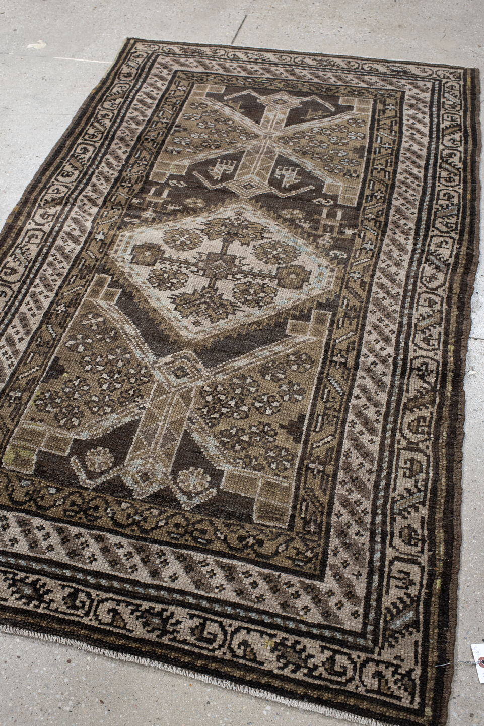 3' x 6' one-of-a-kind handmade antique Hamadan small size rug. Color palette: brown, ivory, taupe, charcoal, camel