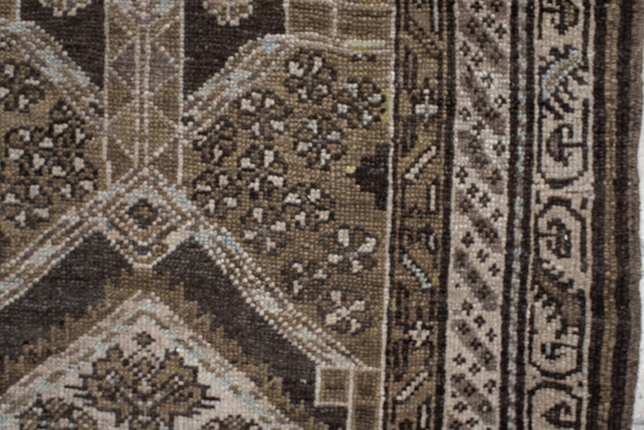 3' x 6' one-of-a-kind handmade antique Hamadan small size rug. Color palette: brown, ivory, taupe, charcoal, camel