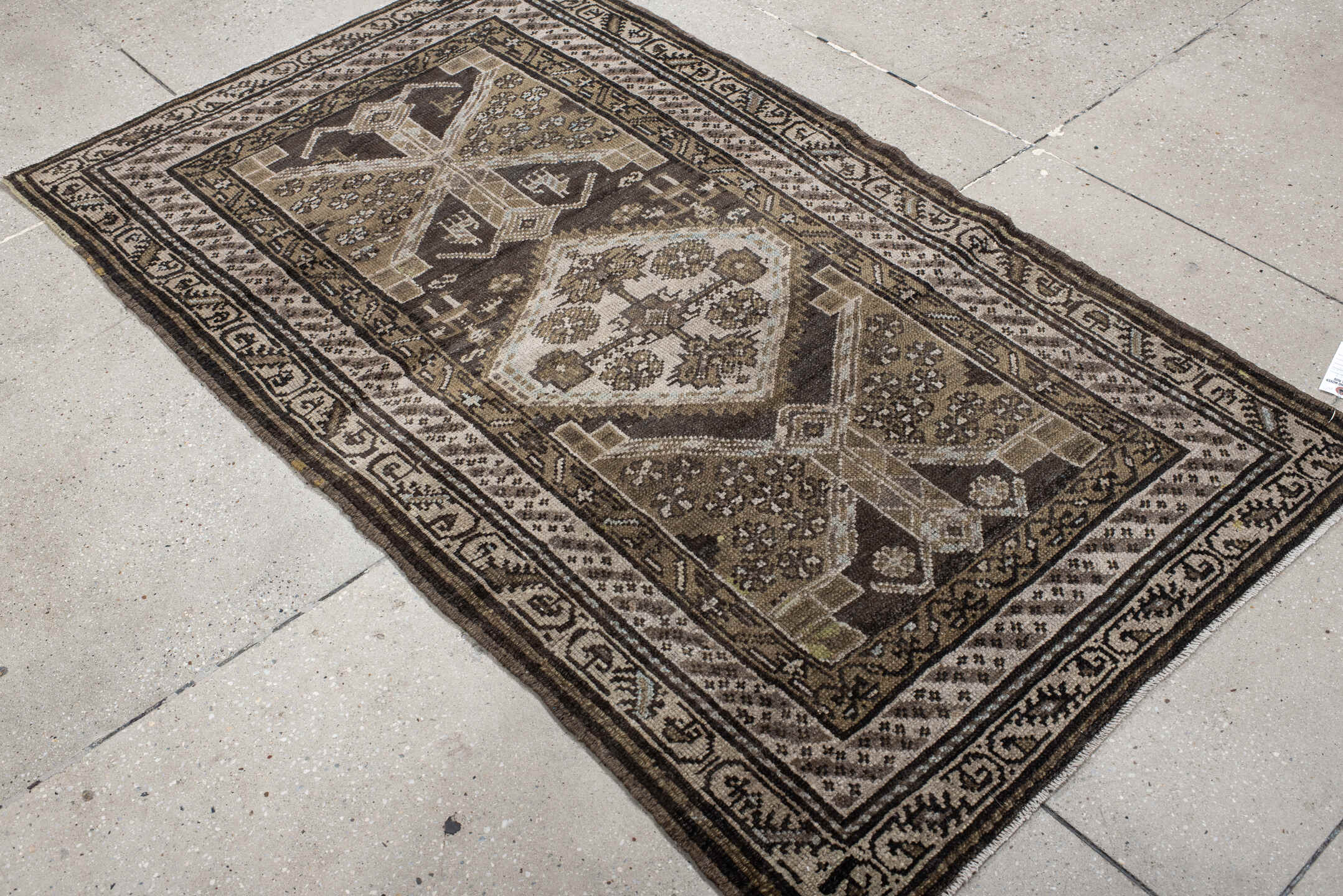 3' x 6' one-of-a-kind handmade antique Hamadan small size rug. Color palette: brown, ivory, taupe, charcoal, camel