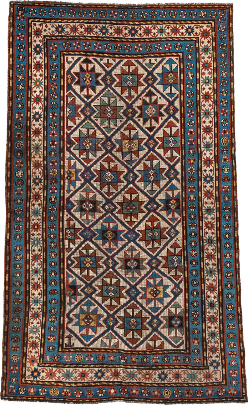 3' x 6' one-of-a-kind handmade vintage Kazak small size rug. Color palette: antiquewhite, arapawa, bisque, black