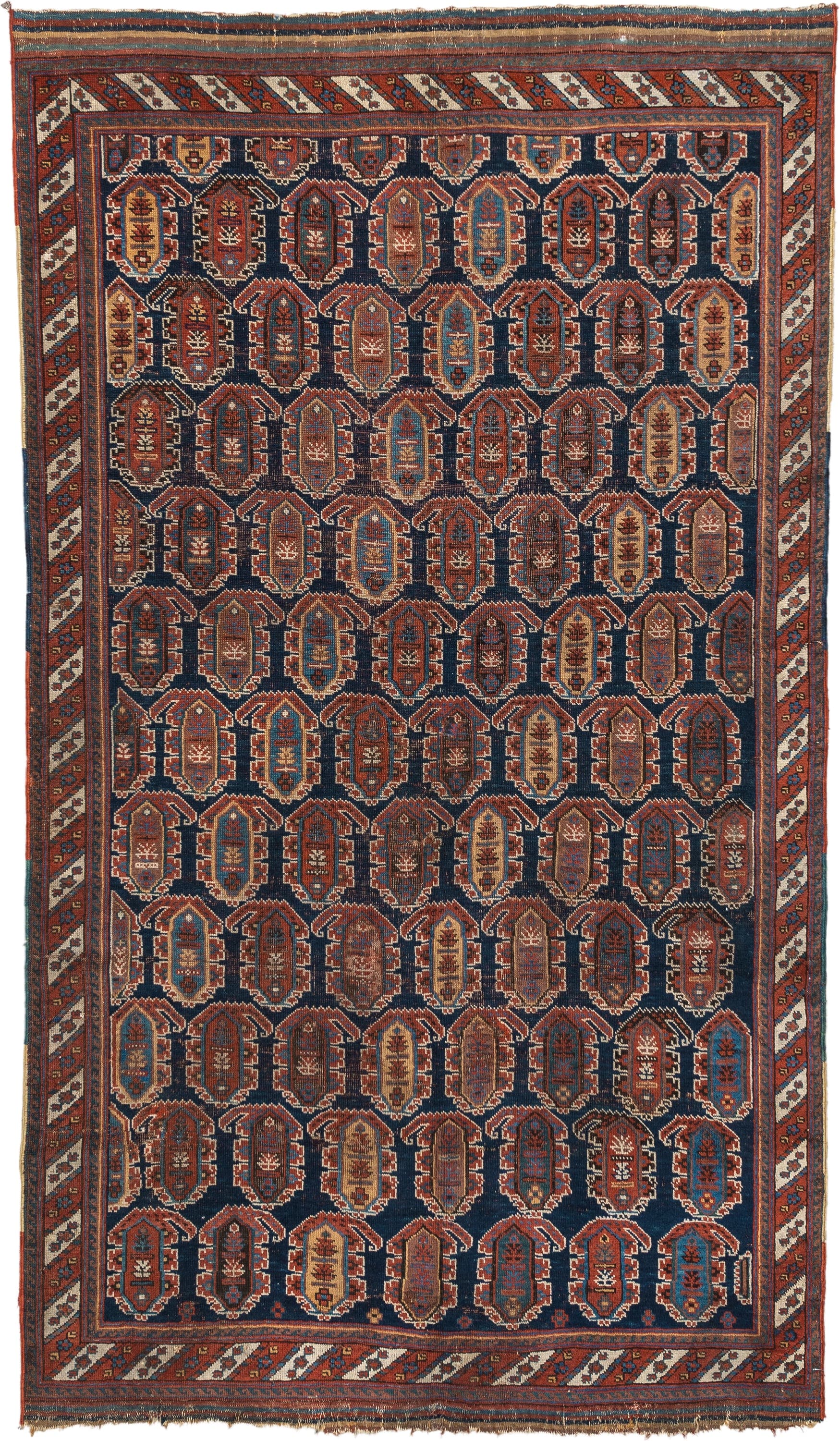 4' x 7' one-of-a-kind handmade vintage Afshar rug. Color palette: navy, rust, ivory, sky_blue, camel, slate, terracotta