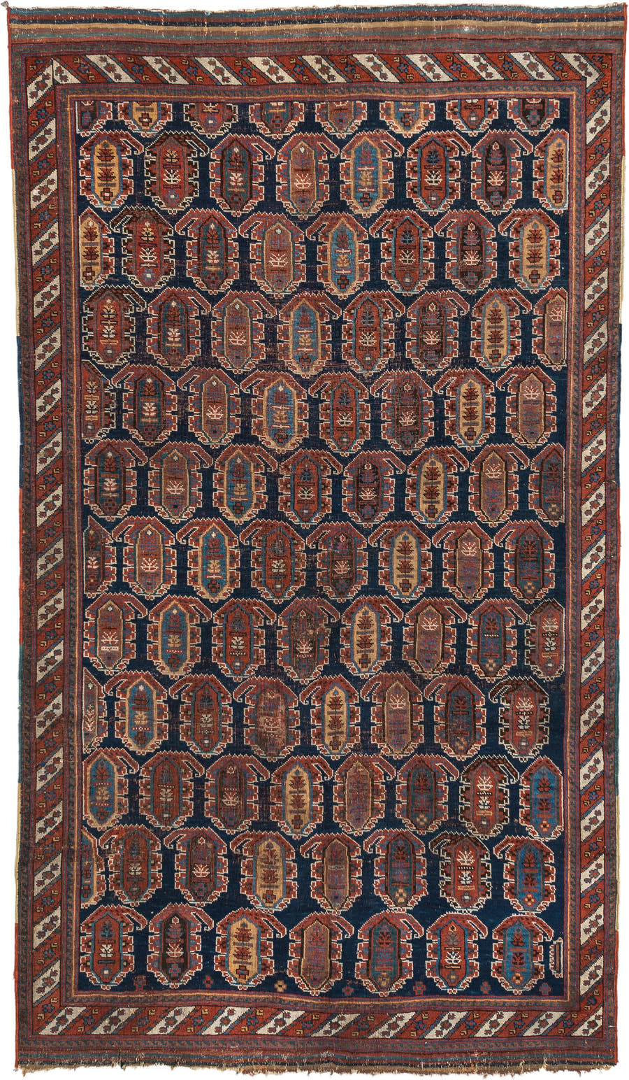 4' x 7' one-of-a-kind handmade vintage Afshar rug. Color palette: navy, rust, ivory, sky_blue, camel, slate, terracotta