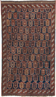 4' x 7' one-of-a-kind handmade vintage Afshar rug. Color palette: navy, rust, ivory, sky_blue, camel, slate, terracotta