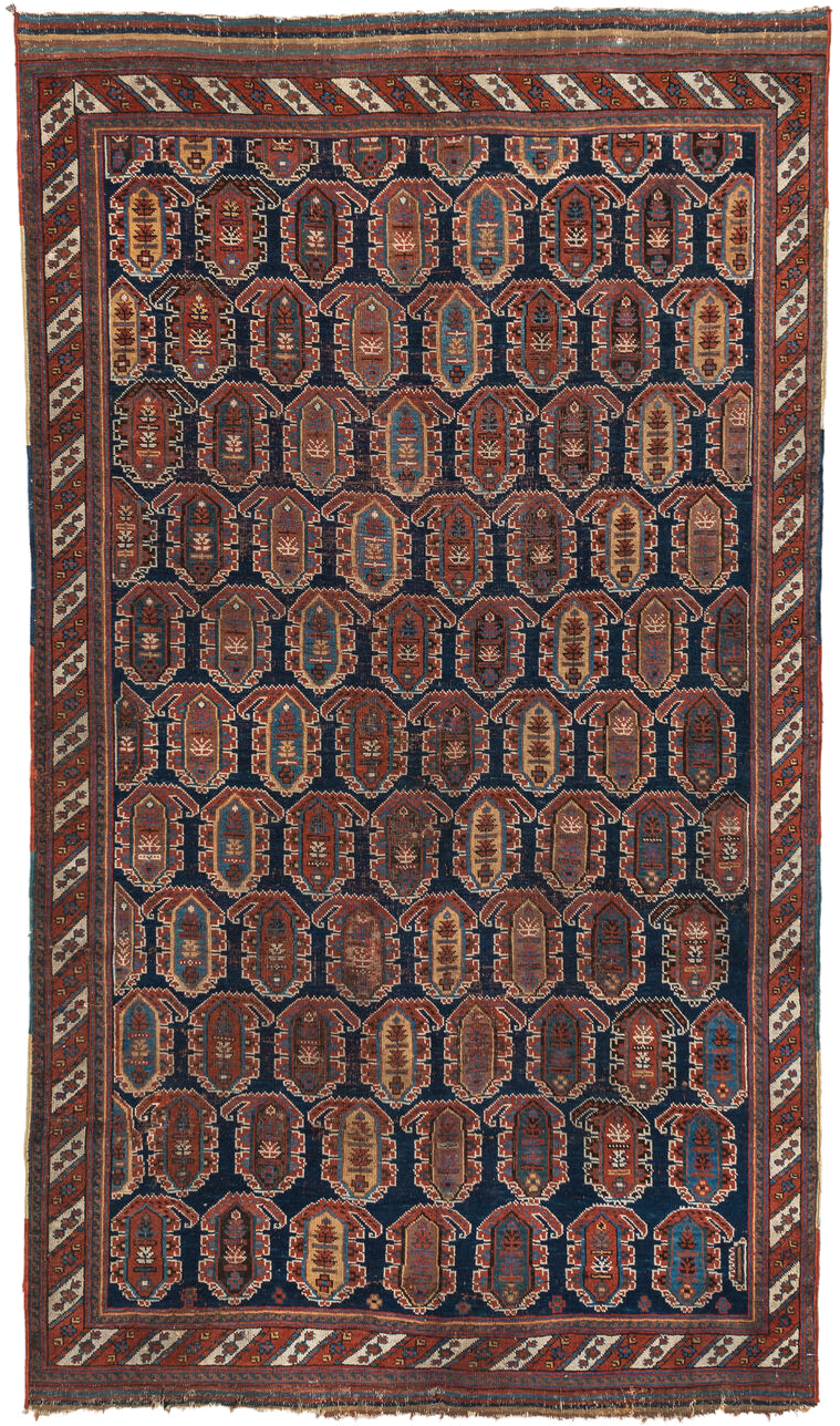 4' x 7' one-of-a-kind handmade vintage Afshar rug. Color palette: navy, rust, ivory, sky_blue, camel, slate, terracotta