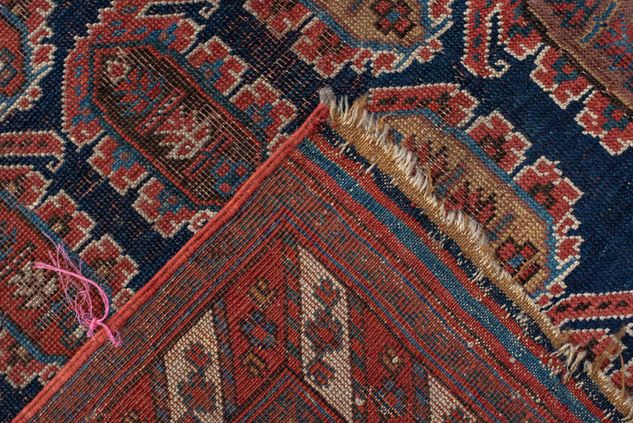 4' x 7' one-of-a-kind handmade vintage Afshar rug. Color palette: navy, rust, ivory, sky_blue, camel, slate, terracotta