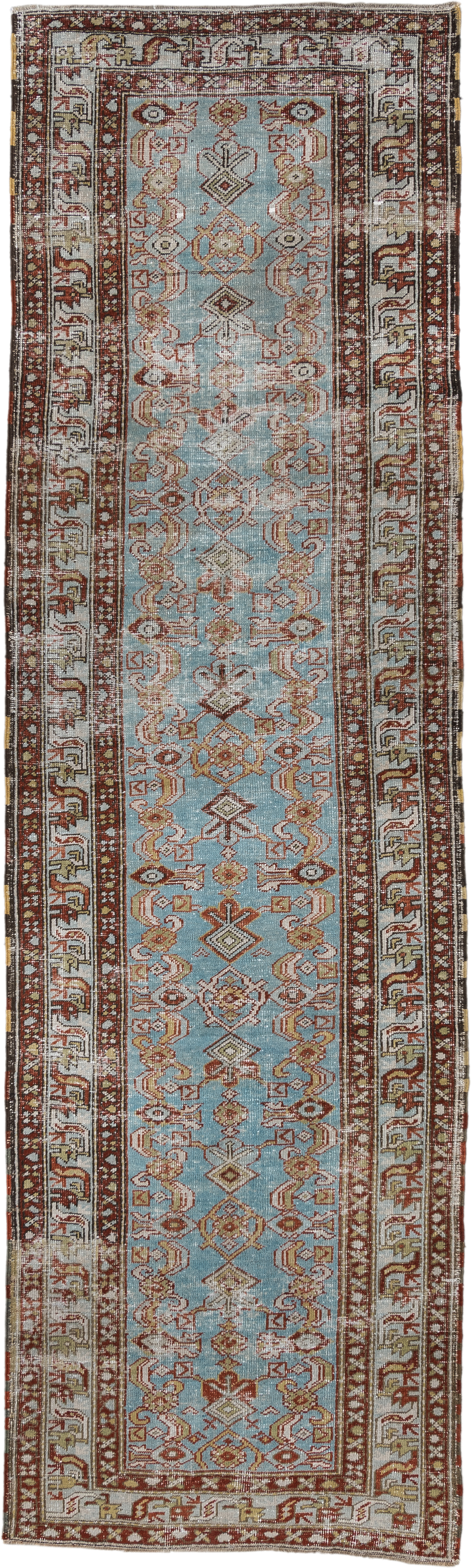 3' x 11' one-of-a-kind handmade vintage NW Persian runner rug. Color palette: sky blue, ivory, rust, brown, camel, taupe