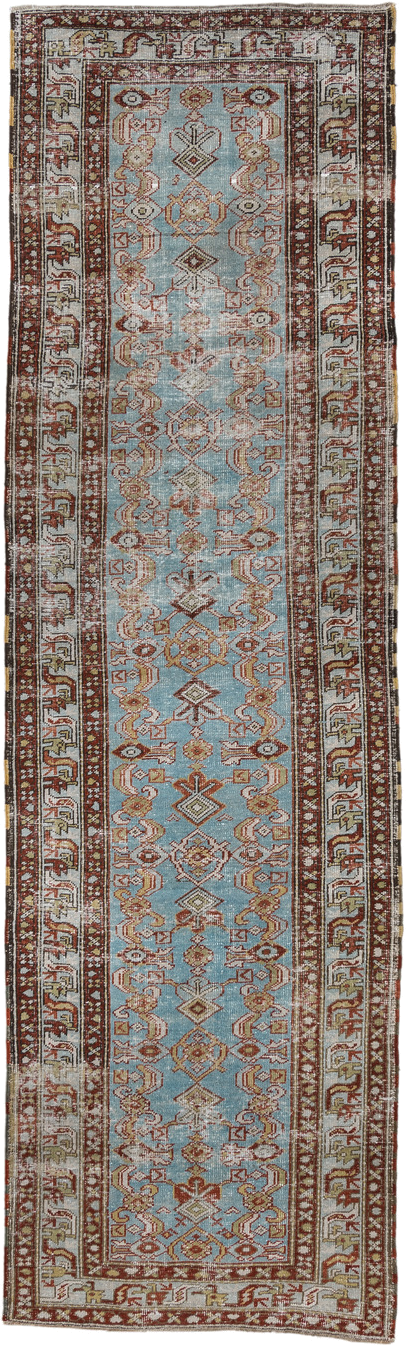 3' x 11' one-of-a-kind handmade vintage NW Persian runner rug. Color palette: sky blue, ivory, rust, brown, camel, taupe
