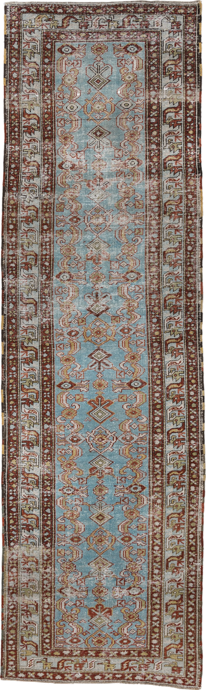 3' x 11' one-of-a-kind handmade vintage NW Persian runner rug. Color palette: blue, brown, dim gray, gray, light blue