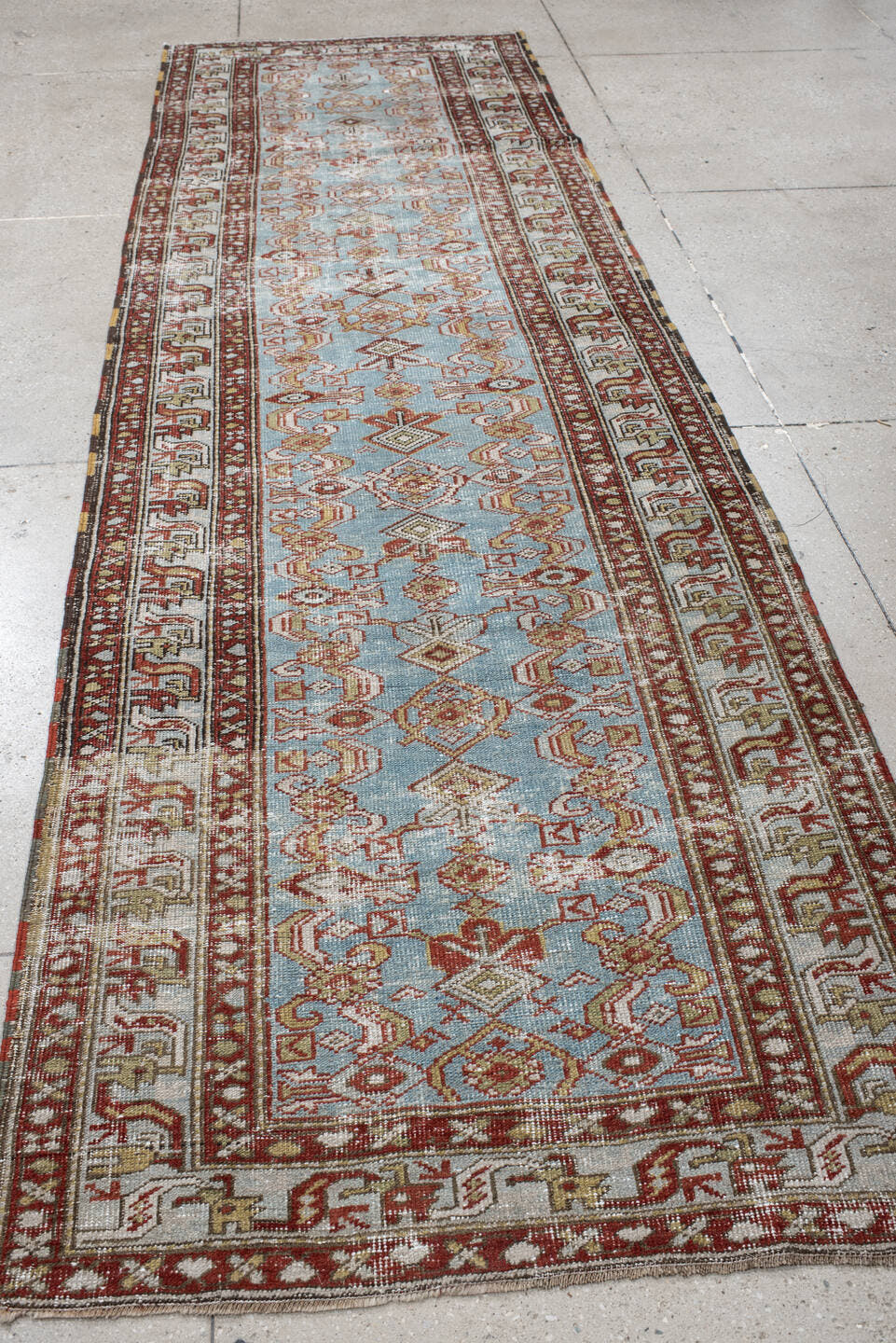 3' x 11' one-of-a-kind handmade vintage NW Persian runner rug. Color palette: sky blue, ivory, rust, brown, camel, taupe
