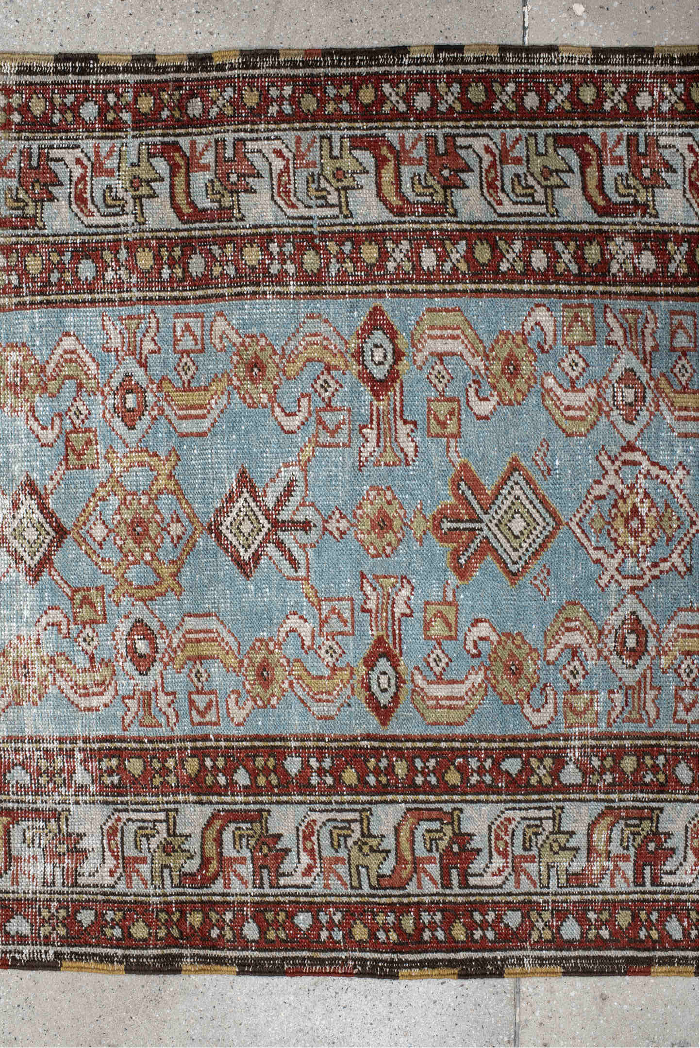 3' x 11' one-of-a-kind handmade vintage NW Persian runner rug. Color palette: blue, brown, dim gray, gray, light blue