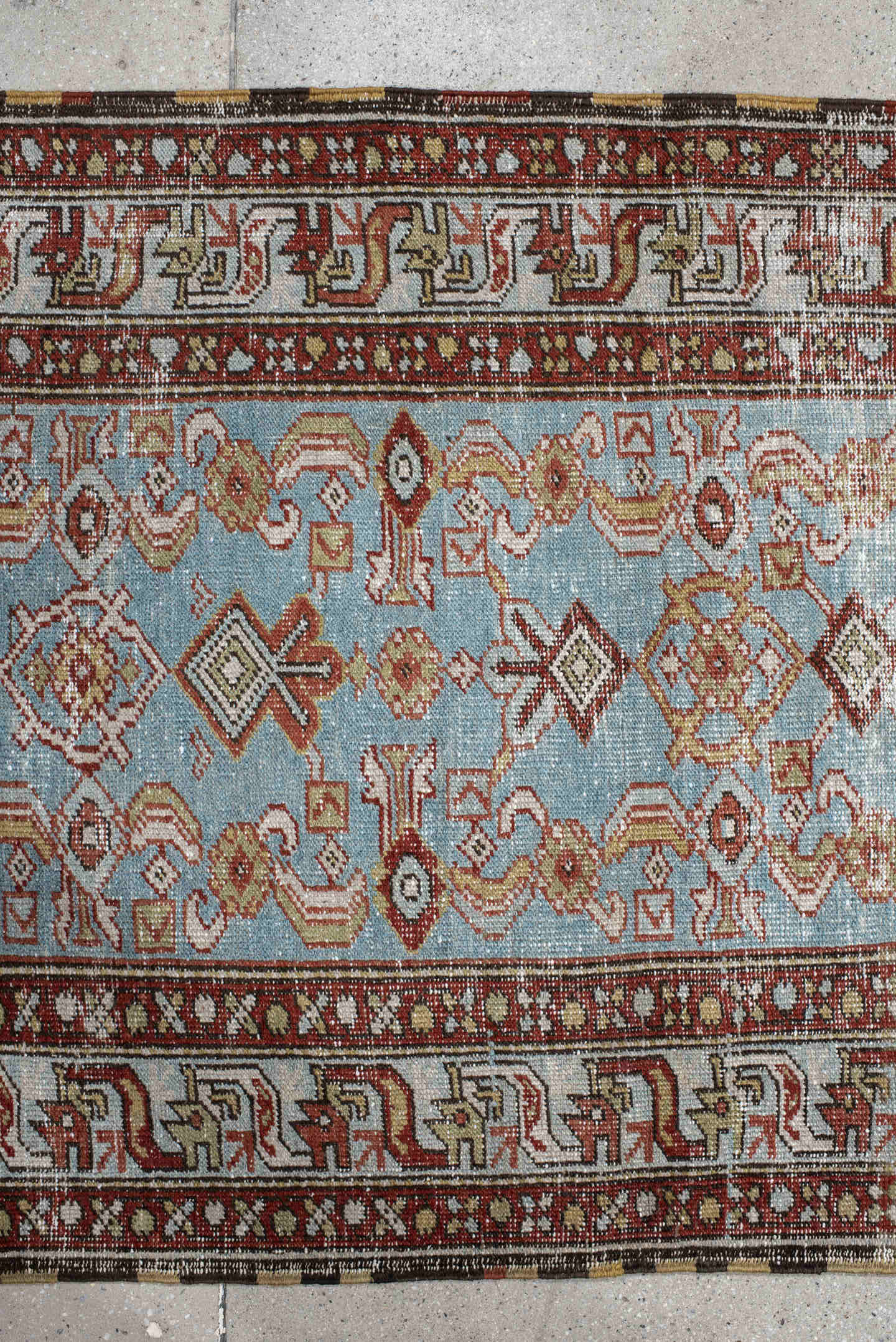 3' x 11' one-of-a-kind handmade vintage NW Persian runner rug. Color palette: sky blue, ivory, rust, brown, camel, taupe