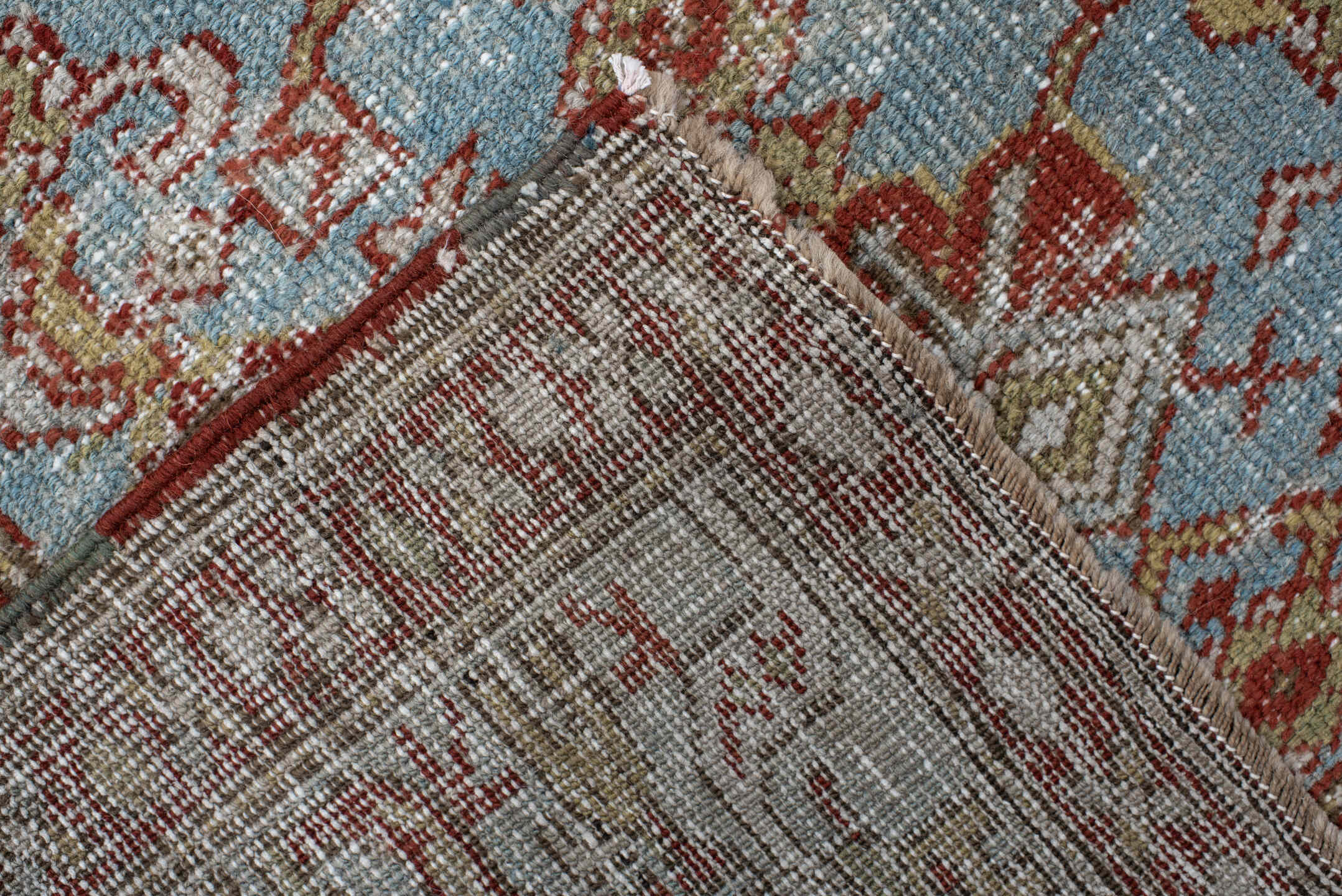 3' x 11' one-of-a-kind handmade vintage NW Persian runner rug. Color palette: sky blue, ivory, rust, brown, camel, taupe