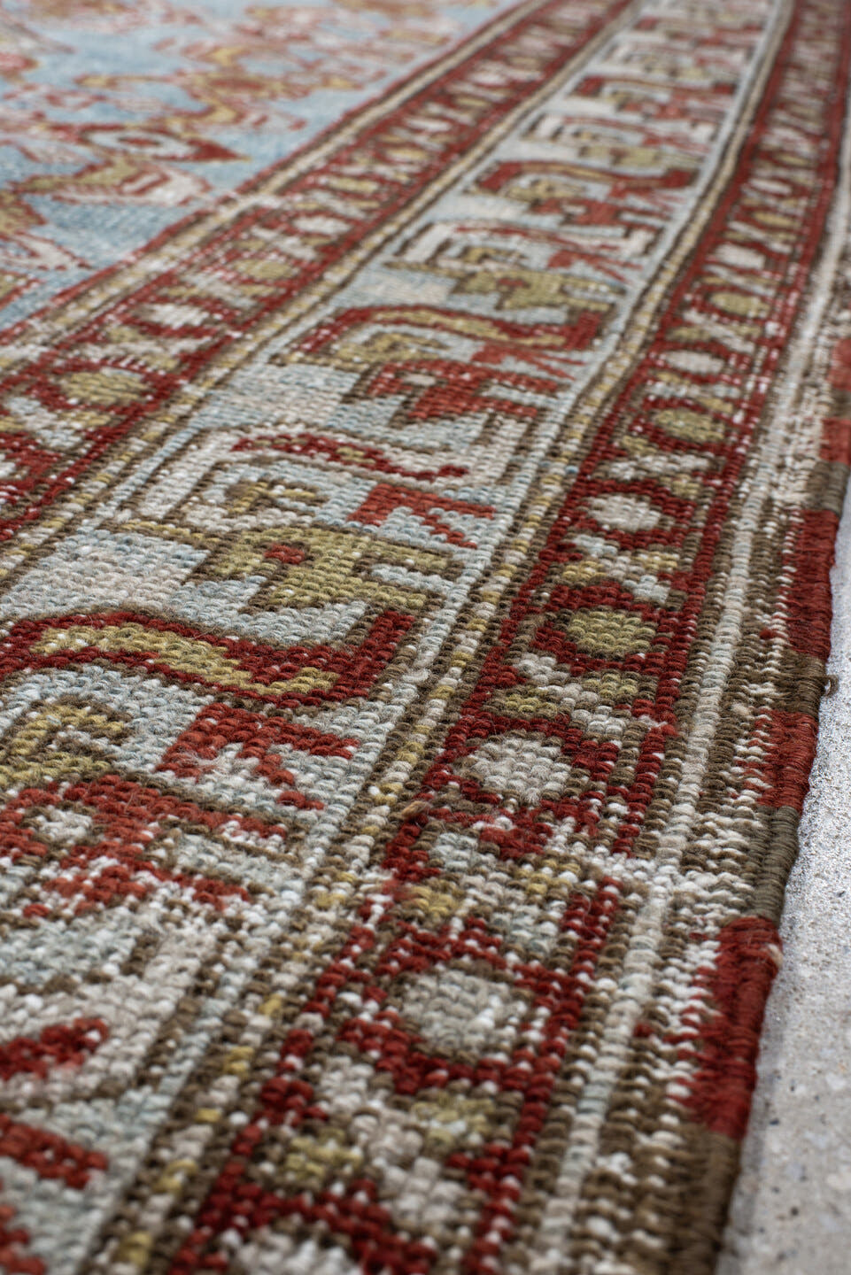 3' x 11' one-of-a-kind handmade vintage NW Persian runner rug. Color palette: sky blue, ivory, rust, brown, camel, taupe