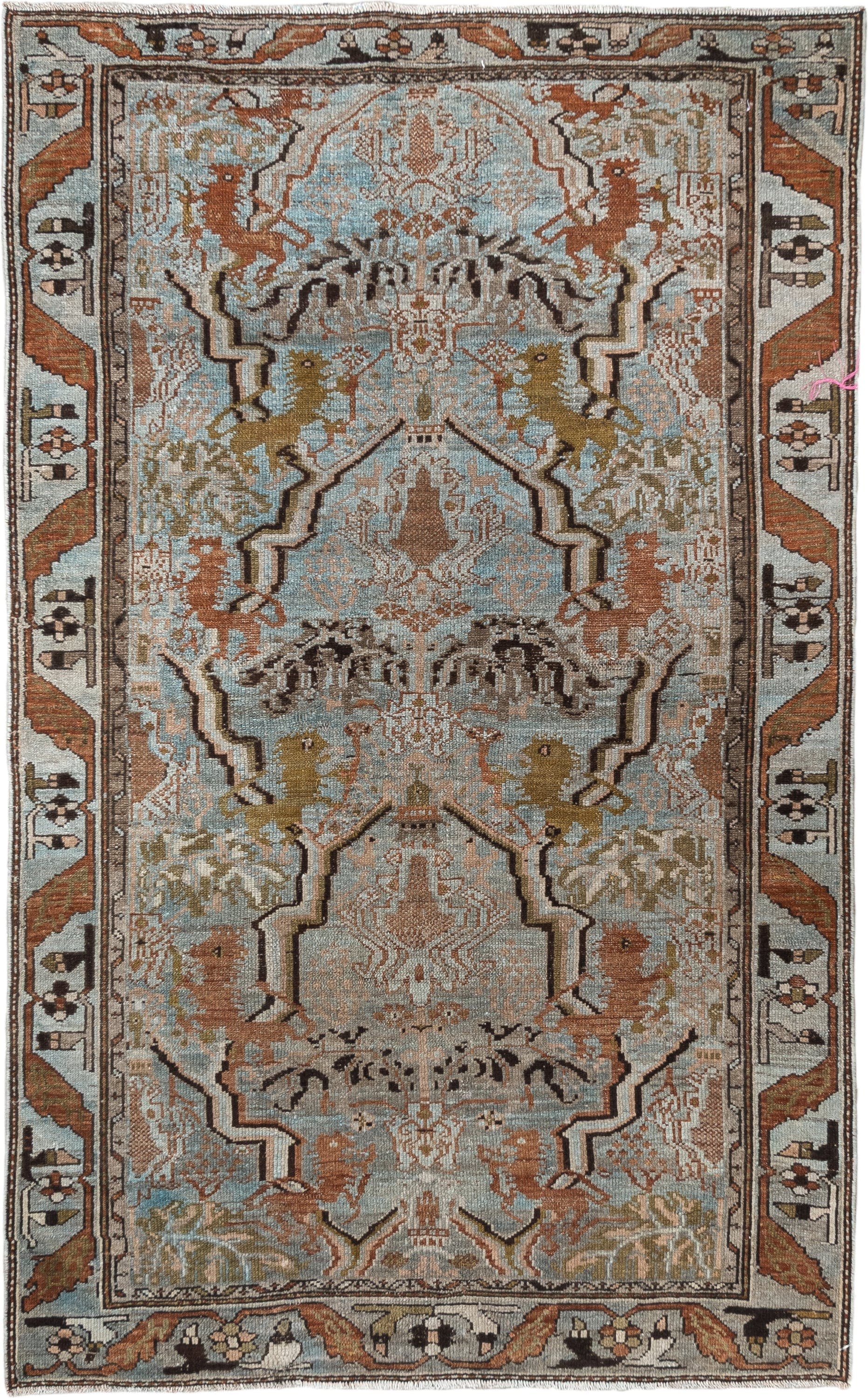 3' x 6' one-of-a-kind handmade vintage Malayer small size rug. Color palette: pale blue, ivory, rust, brown, olive, taupe
