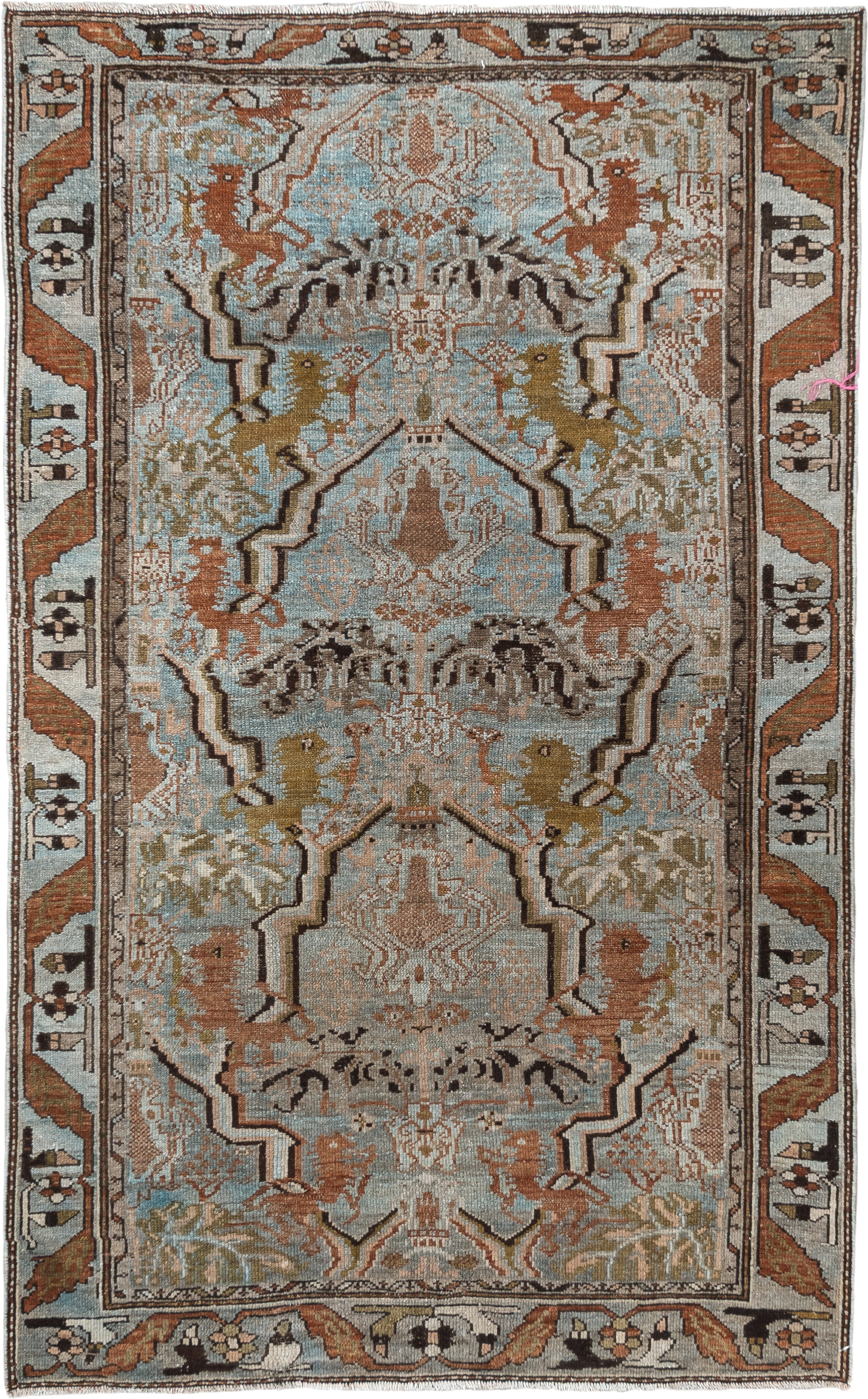 3' x 6' one-of-a-kind handmade vintage Malayer small size rug. Color palette: pale blue, ivory, rust, brown, olive, taupe