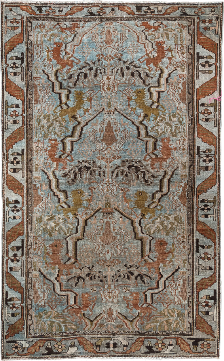 3' x 6' one-of-a-kind handmade vintage Malayer small size rug. Color palette: black, brown, green, light blue, off-white