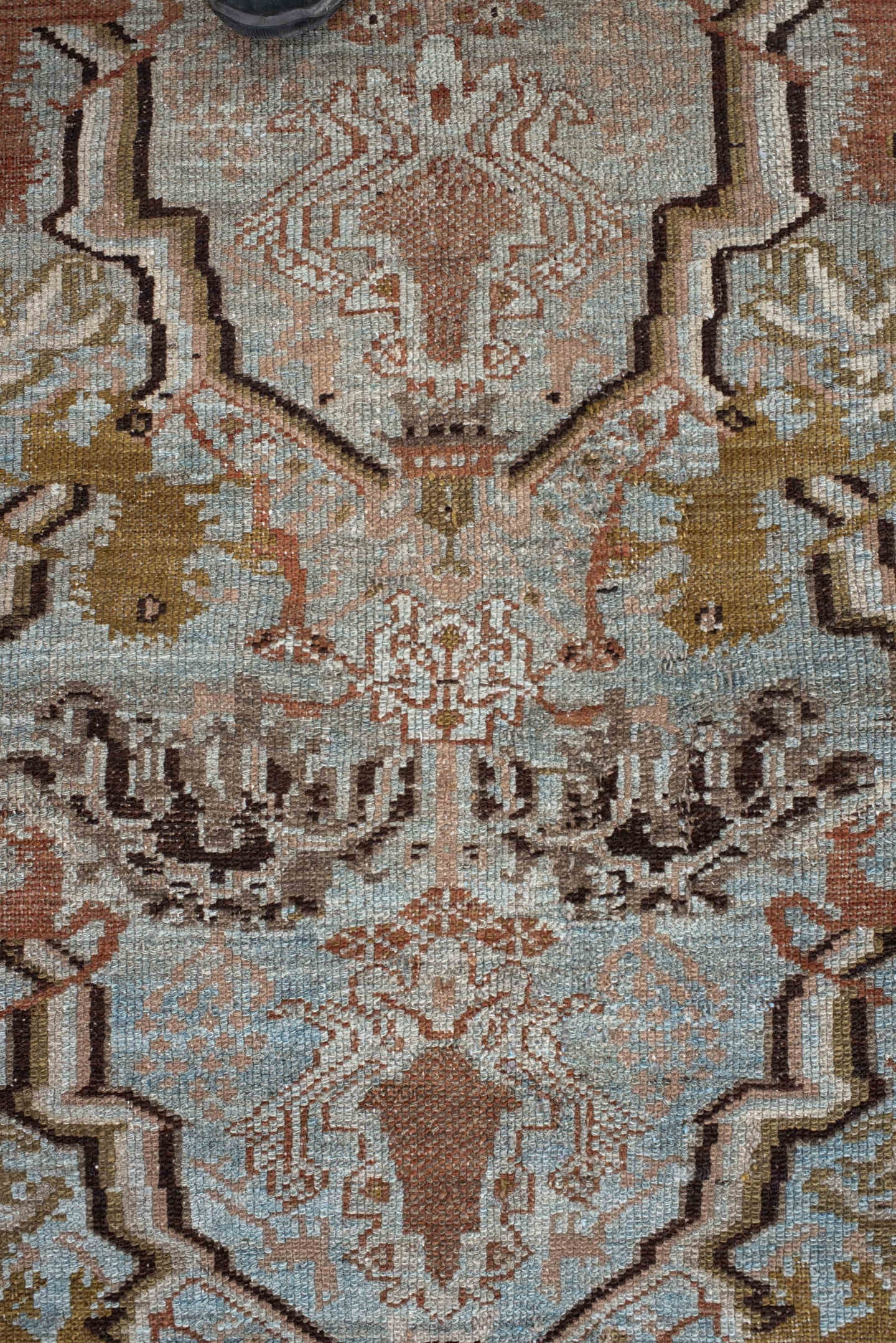 3' x 6' one-of-a-kind handmade vintage Malayer small size rug. Color palette: pale blue, ivory, rust, brown, olive, taupe