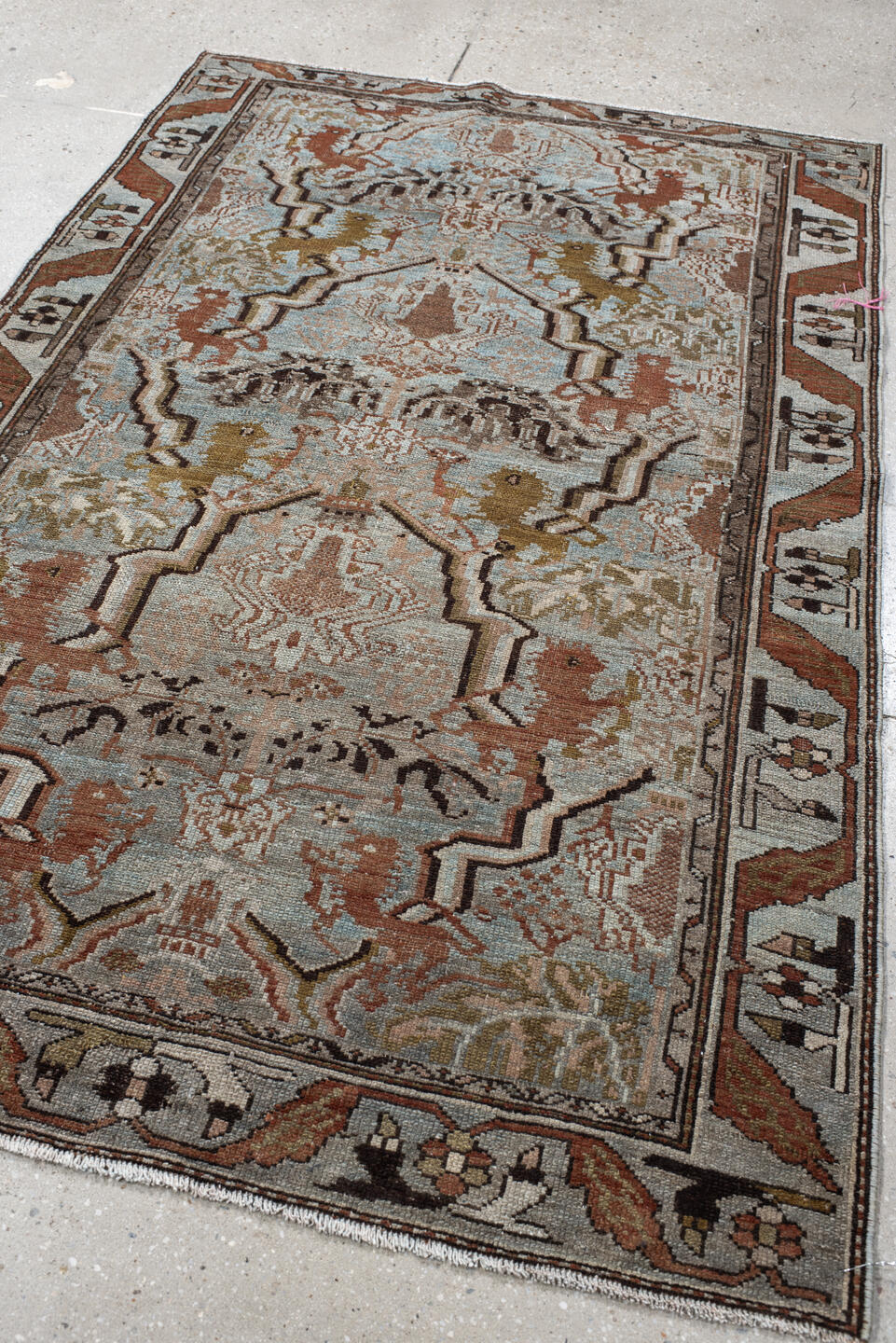 3' x 6' one-of-a-kind handmade vintage Malayer small size rug. Color palette: black, brown, green, light blue, off-white