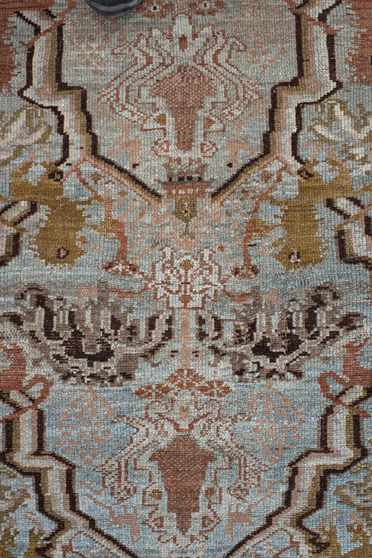 3' x 6' one-of-a-kind handmade vintage Malayer small size rug. Color palette: pale blue, ivory, rust, brown, olive, taupe