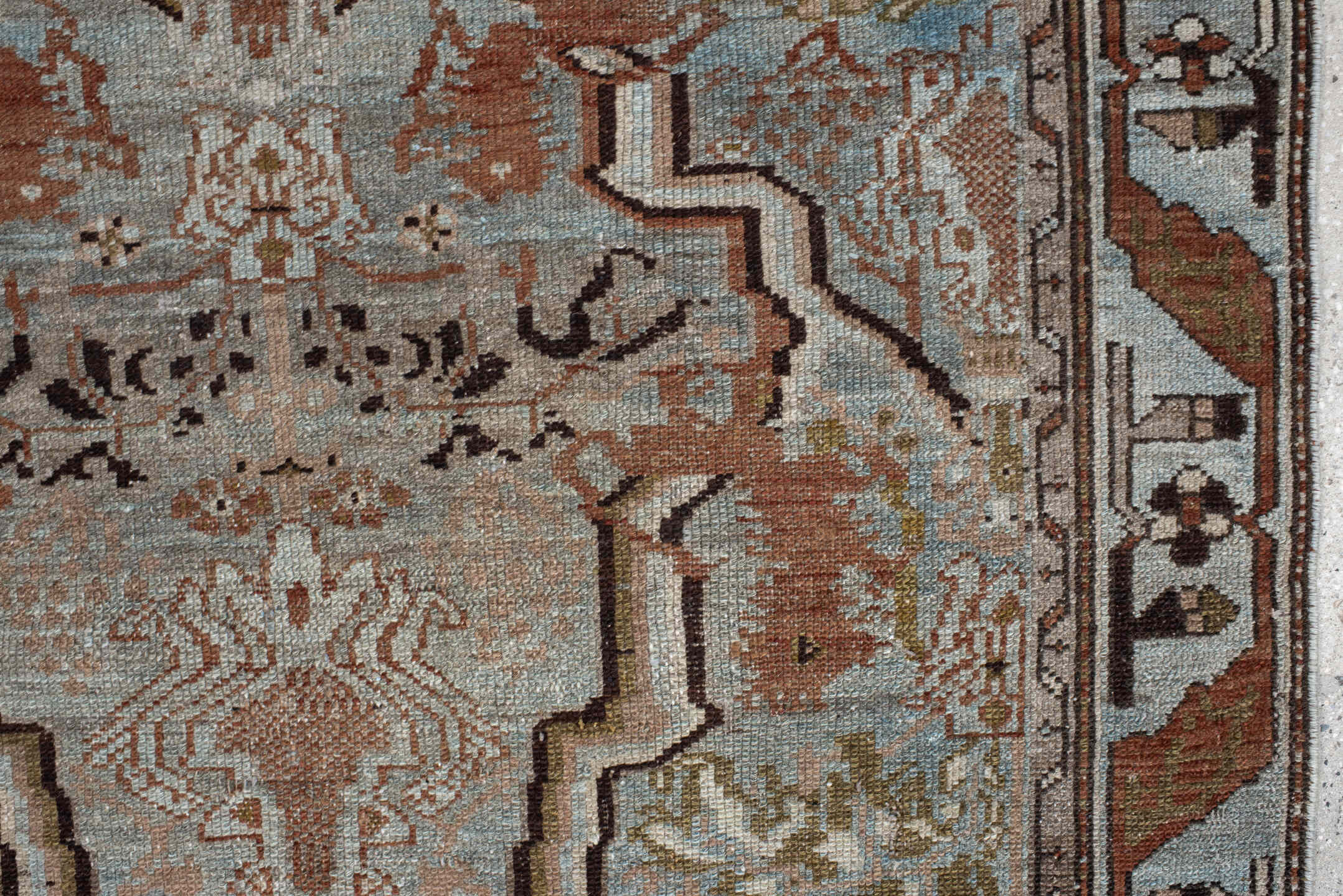 3' x 6' one-of-a-kind handmade vintage Malayer small size rug. Color palette: black, brown, green, light blue, off-white