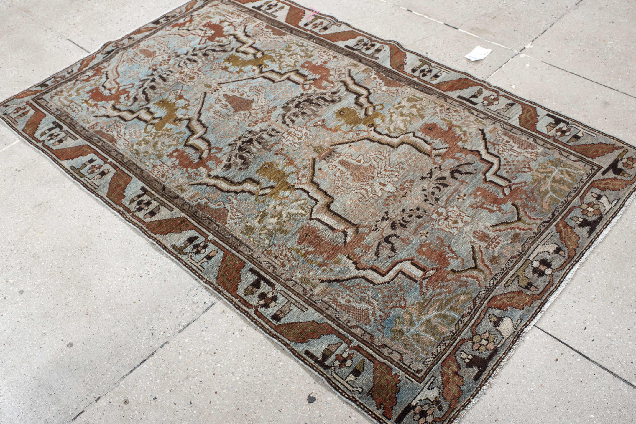 3' x 6' one-of-a-kind handmade vintage Malayer small size rug. Color palette: pale blue, ivory, rust, brown, olive, taupe