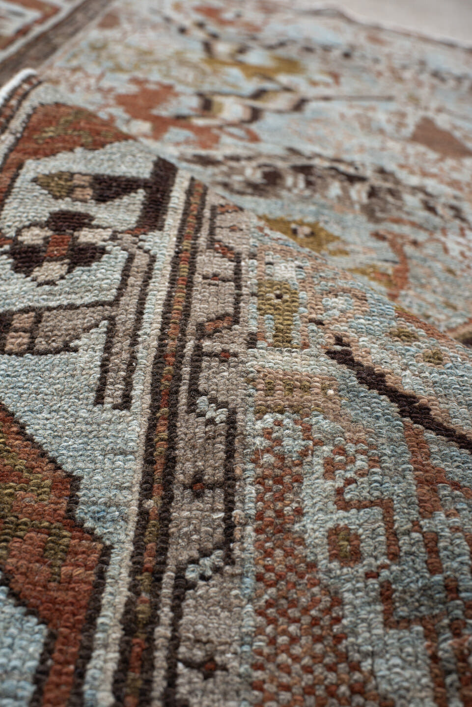 3' x 6' one-of-a-kind handmade vintage Malayer small size rug. Color palette: pale blue, ivory, rust, brown, olive, taupe