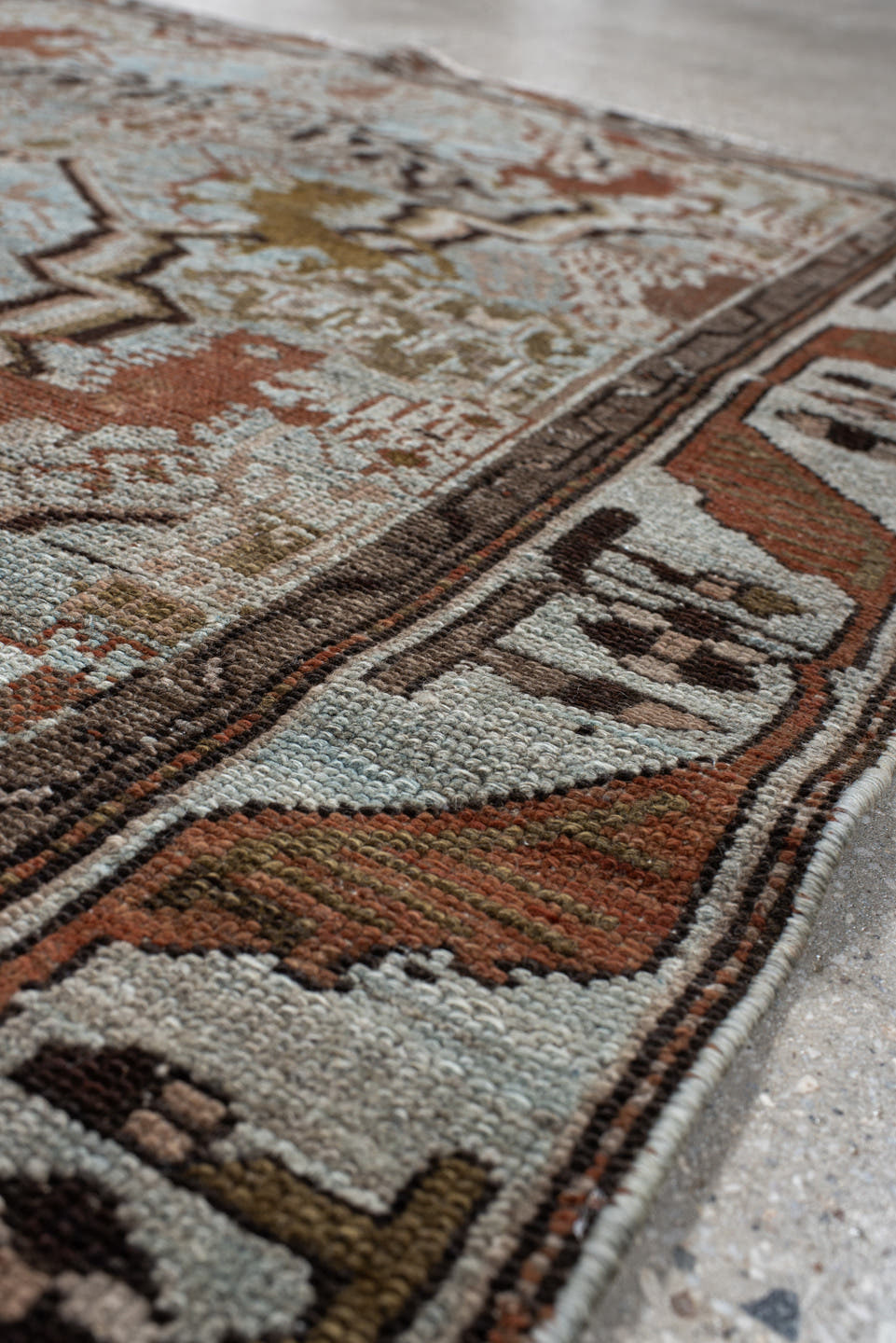 3' x 6' one-of-a-kind handmade vintage Malayer small size rug. Color palette: pale blue, ivory, rust, brown, olive, taupe