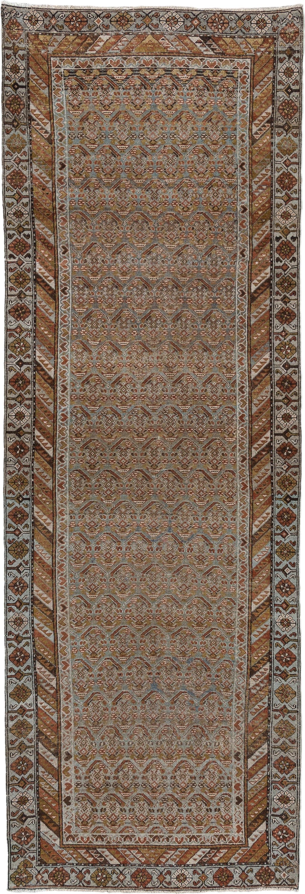 3' x 10' one-of-a-kind handmade vintage Malayer runner rug. Color palette: taupe, rust, ivory, muted blue, camel, brown