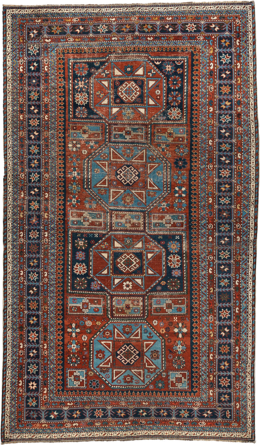 4' x 8' one-of-a-kind handmade vintage Shirvan rug. Color palette: rust, navy, sky blue, ivory, terra cotta, slate, cream