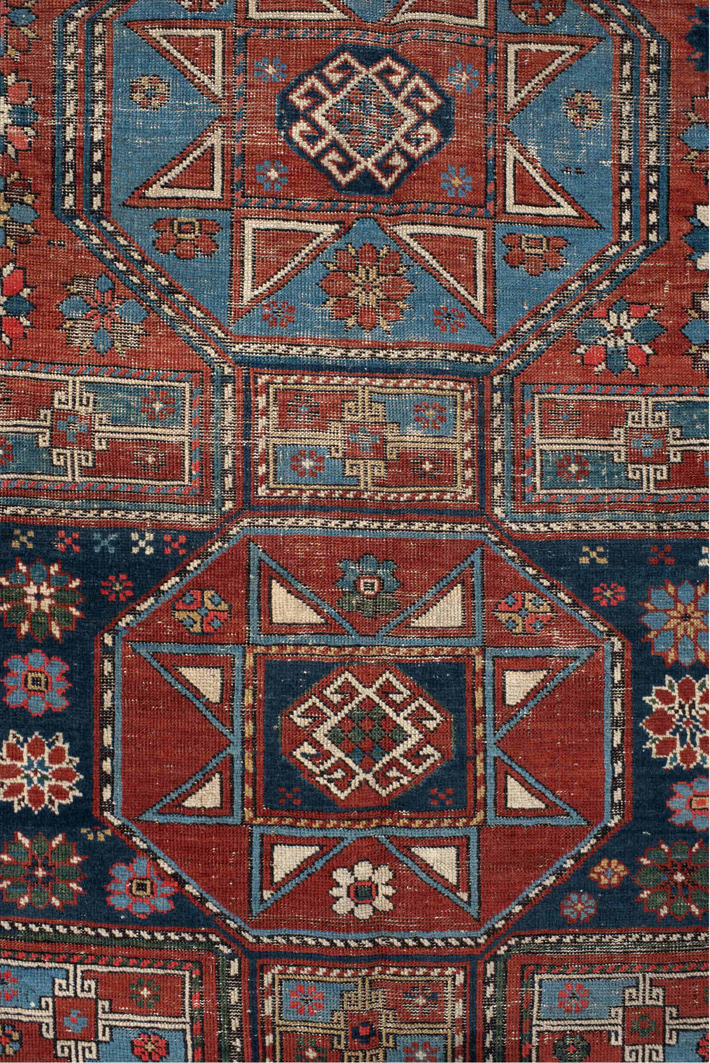 4' x 8' one-of-a-kind handmade vintage Shirvan rug. Color palette: antiquewhite, bisque, blanched almond, blue, brown