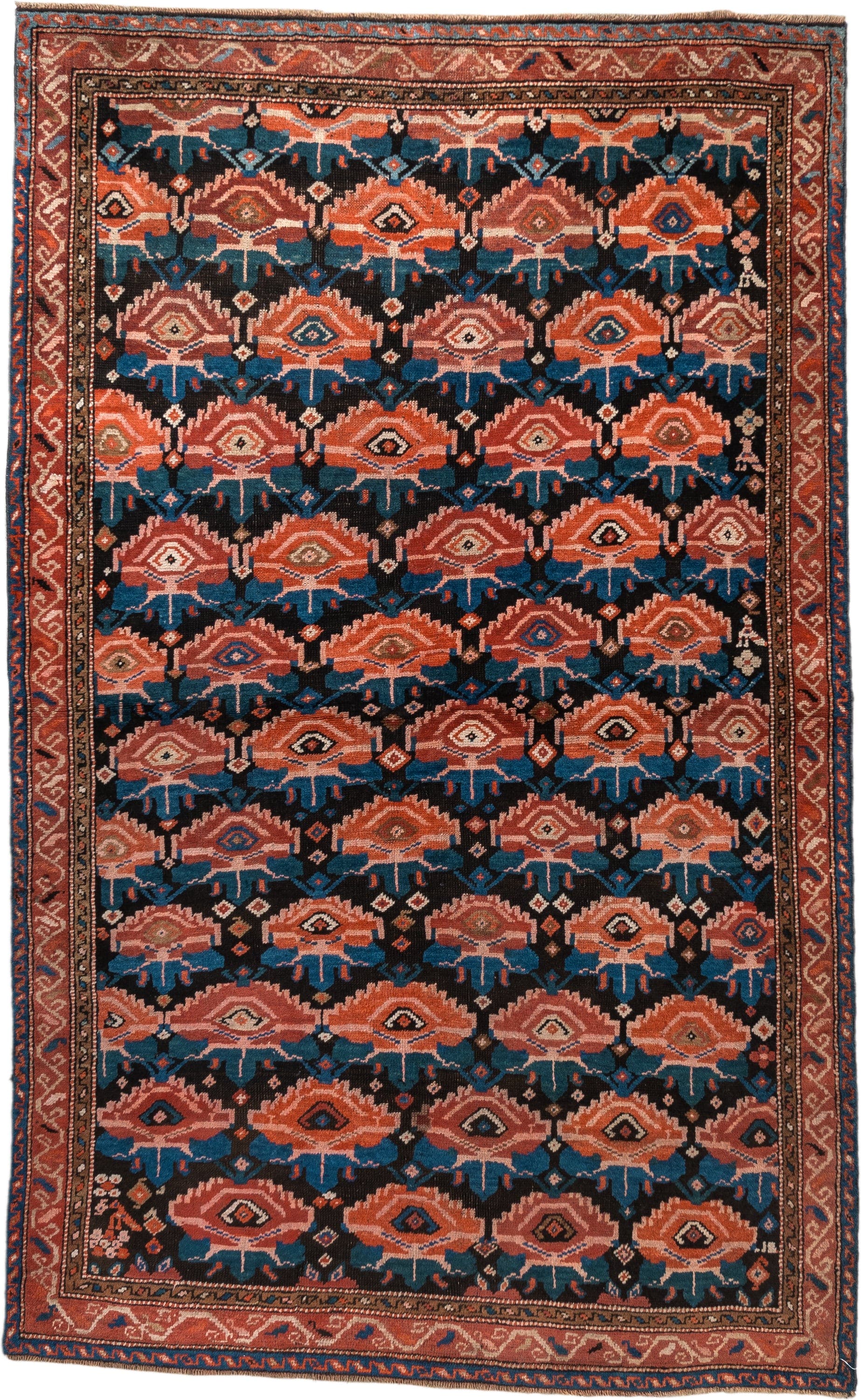 4' x 6' one-of-a-kind handmade vintage Caucasian small size rug. Color palette: rust, charcoal, teal, coral, ivory, navy