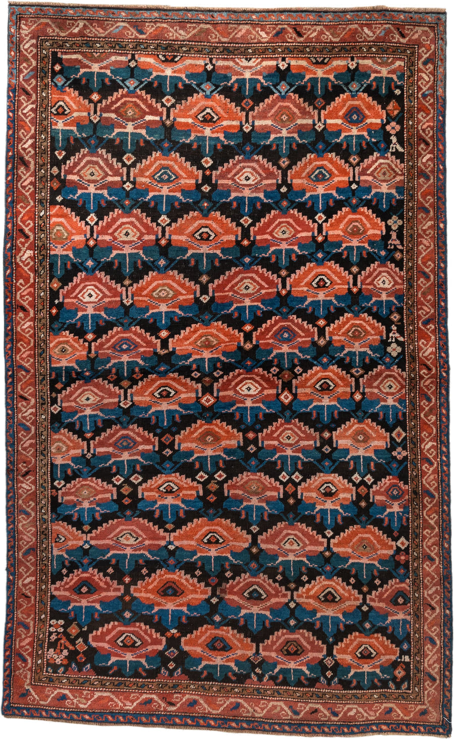 4' x 6' one-of-a-kind handmade vintage Caucasian small size rug. Color palette: rust, charcoal, teal, coral, ivory, navy