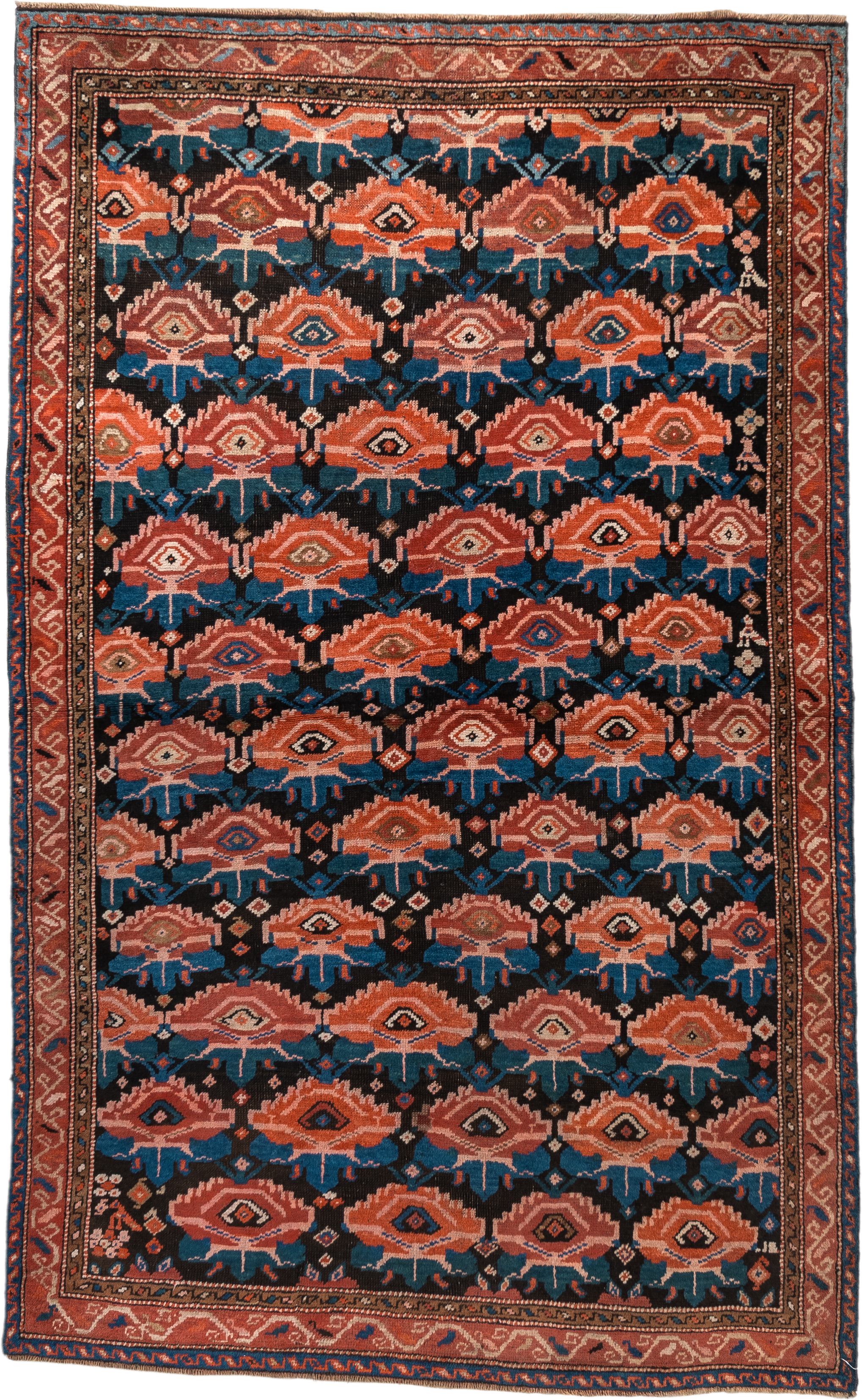 4' x 6' one-of-a-kind handmade vintage Caucasian small size rug. Color palette: rust, charcoal, teal, coral, ivory, navy
