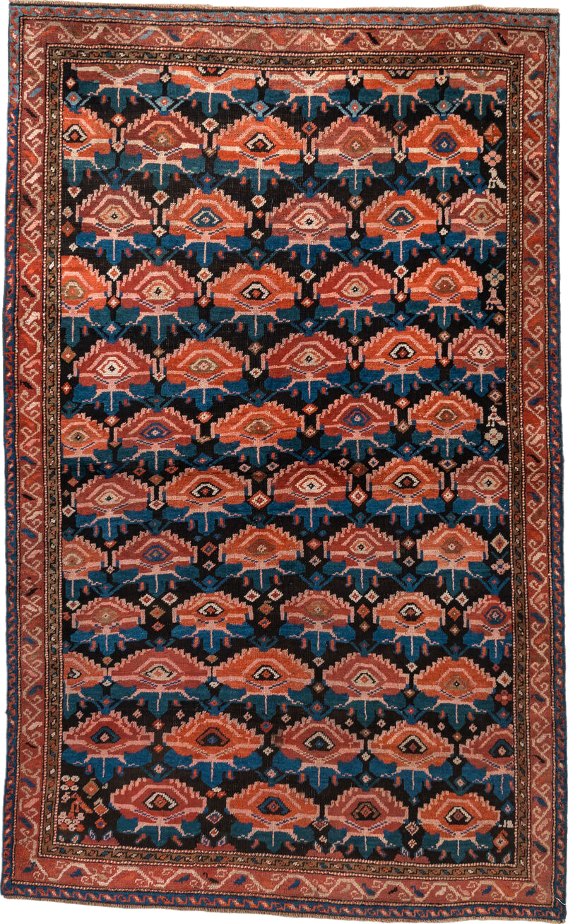 4' x 6' one-of-a-kind handmade vintage Caucasian small size rug. Color palette: blue, brown, dark gray, dark salmon