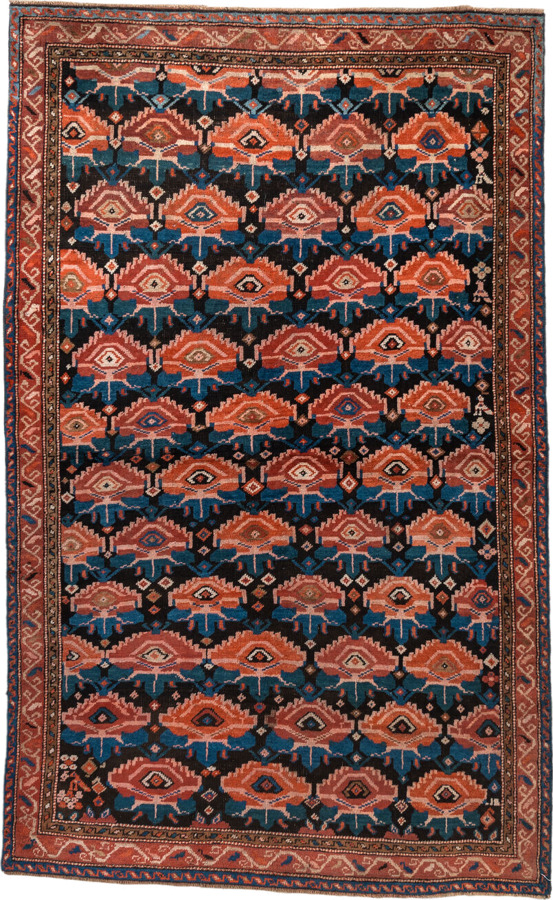 4' x 6' one-of-a-kind handmade vintage Caucasian small size rug. Color palette: blue, brown, dark gray, dark salmon