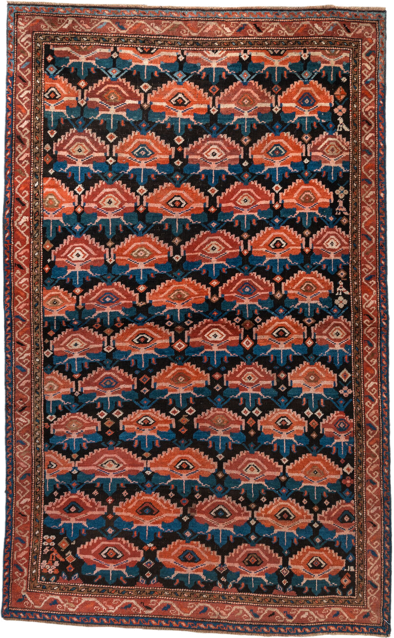 4' x 6' one-of-a-kind handmade vintage Caucasian small size rug. Color palette: rust, charcoal, teal, coral, ivory, navy
