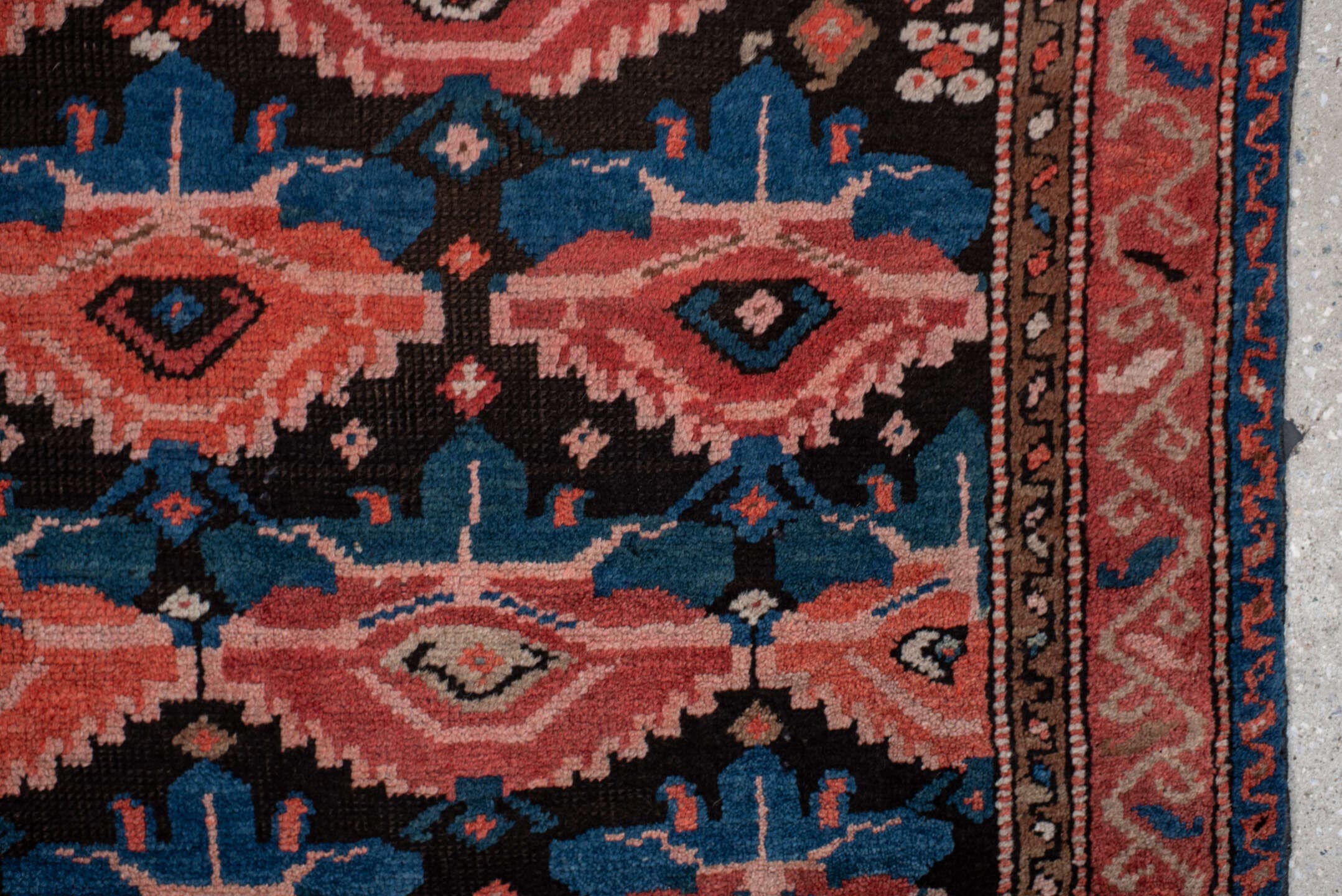 4' x 6' one-of-a-kind handmade vintage Caucasian small size rug. Color palette: rust, charcoal, teal, coral, ivory, navy