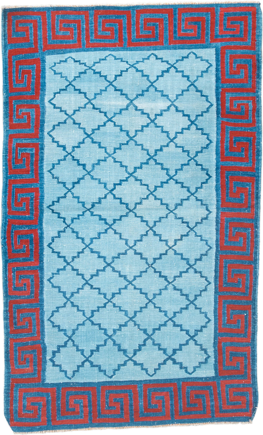 3' x 5' one-of-a-kind handmade vintage Dhurrie small size rug. Color palette: light blue, turquoise, rust, sky blue, teal