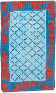 3' x 5' one-of-a-kind handmade vintage Dhurrie small size rug. Color palette: light blue, turquoise, rust, sky blue, teal