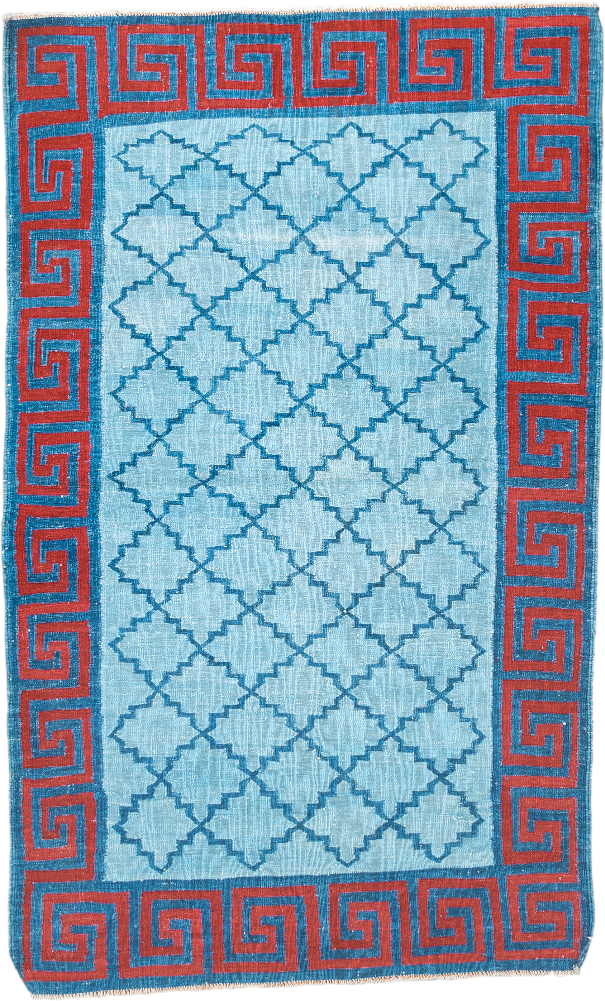 3' x 5' one-of-a-kind handmade vintage Dhurrie small size rug. Color palette: light blue, turquoise, rust, sky blue, teal