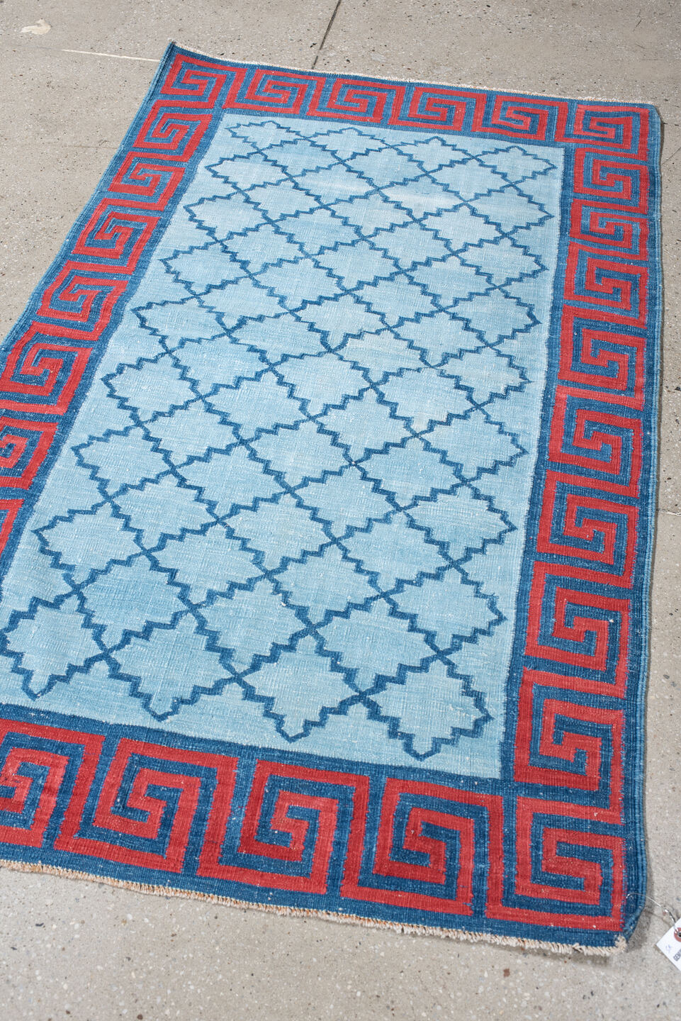 3' x 5' one-of-a-kind handmade vintage Dhurrie small size rug. Color palette: light blue, turquoise, rust, sky blue, teal