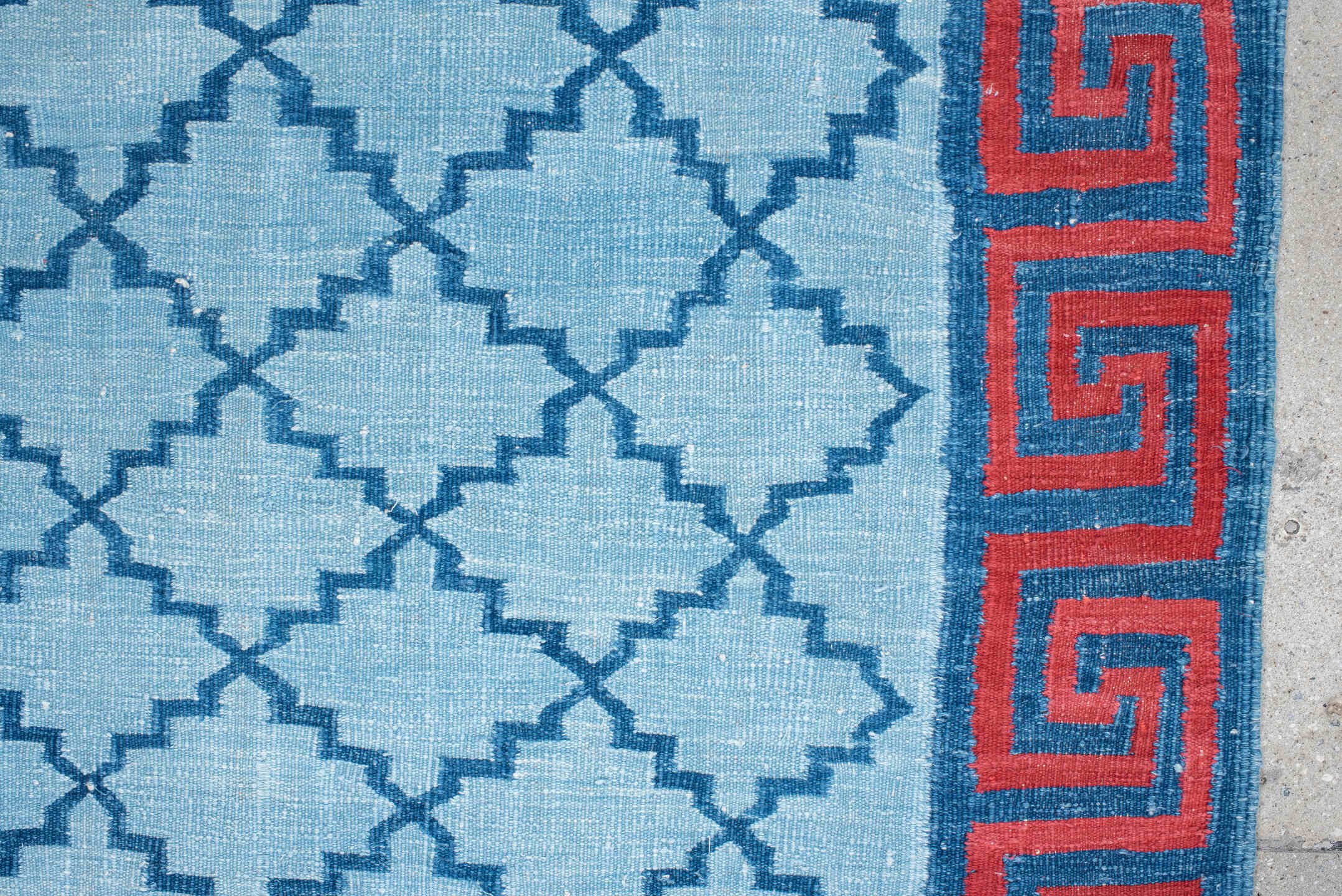 3' x 5' one-of-a-kind handmade vintage Dhurrie small size rug. Color palette: light blue, turquoise, rust, sky blue, teal
