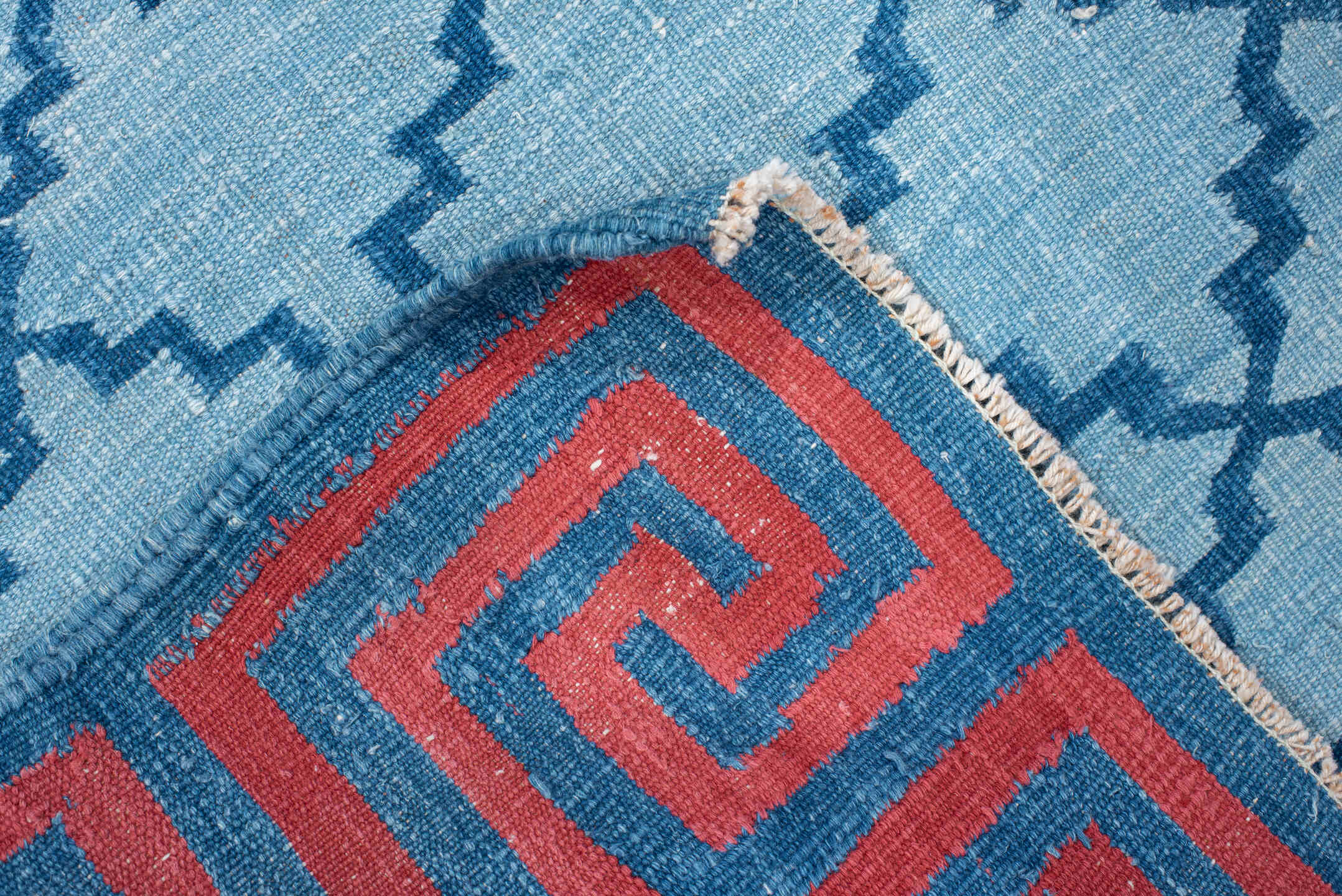 3' x 5' one-of-a-kind handmade vintage Dhurrie small size rug. Color palette: light blue, turquoise, rust, sky blue, teal
