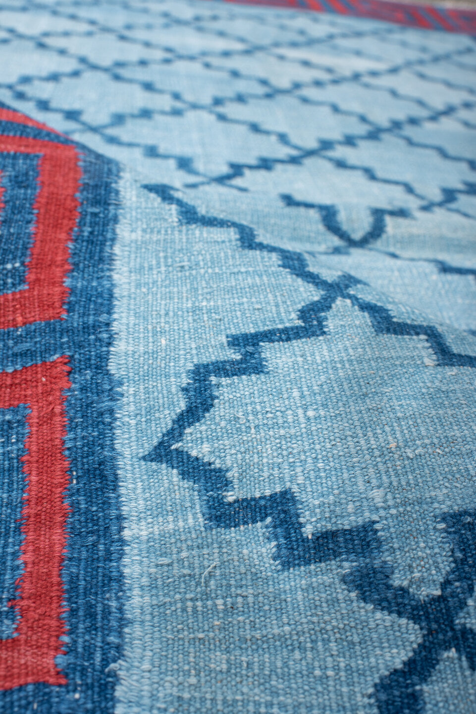 3' x 5' one-of-a-kind handmade vintage Dhurrie small size rug. Color palette: light blue, turquoise, rust, sky blue, teal