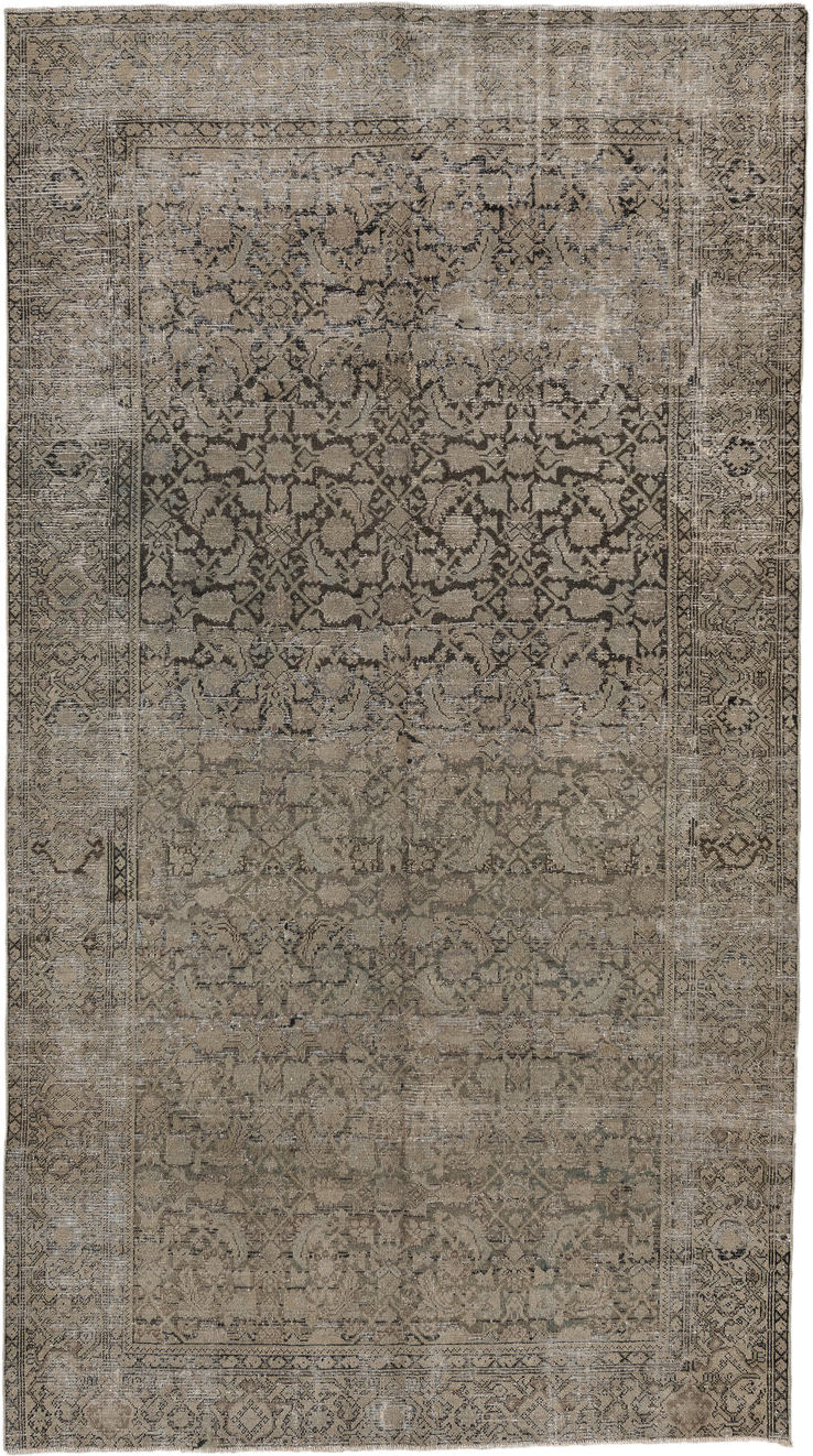 5' x 9' one-of-a-kind handmade vintage Malayer medium size rug. Color palette: taupe, beige, charcoal, ivory, greige, gray