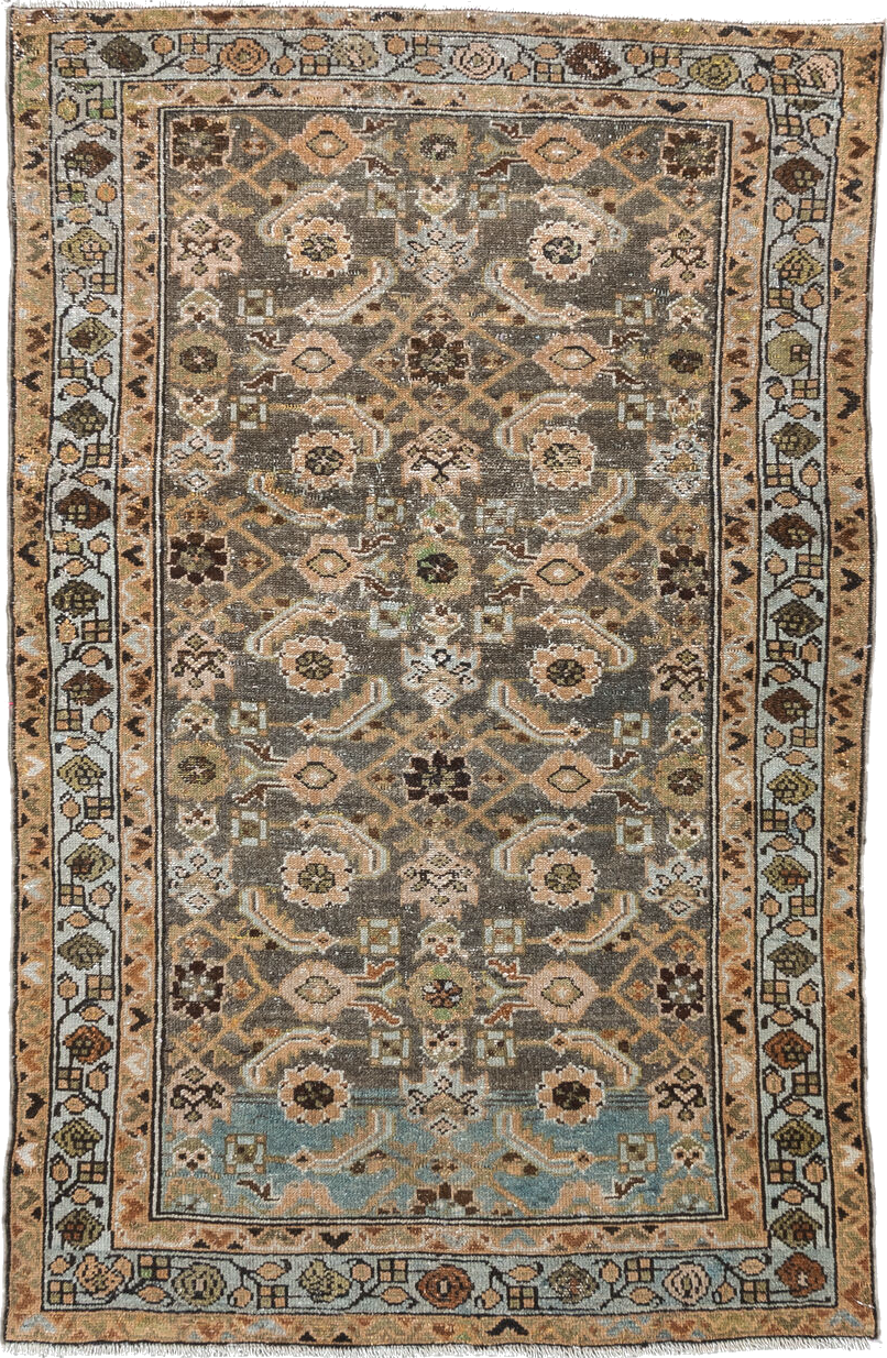 3' x 4' one-of-a-kind handmade vintage Malayer small size rug. Color palette: brown, floral white, gray, light gray, linen