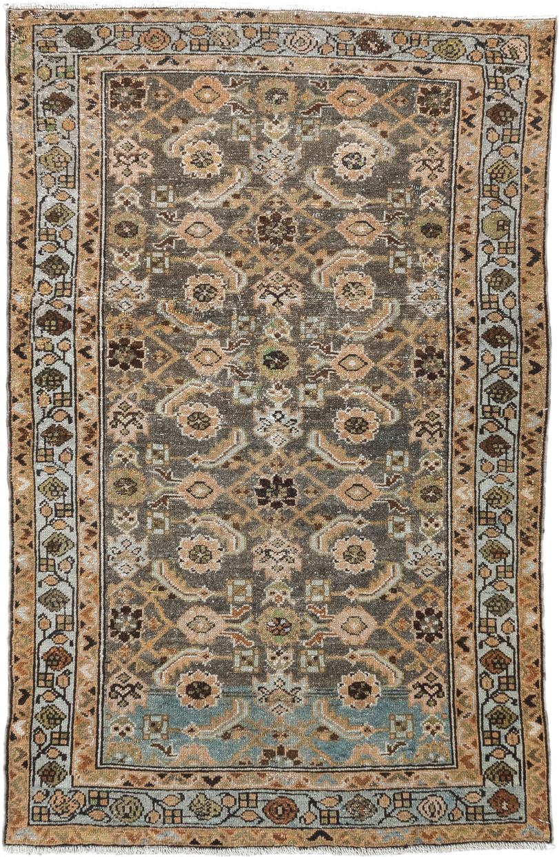 3' x 4' one-of-a-kind handmade vintage Malayer small size rug. Color palette: taupe, camel, ivory, pale_blue, brown, sage