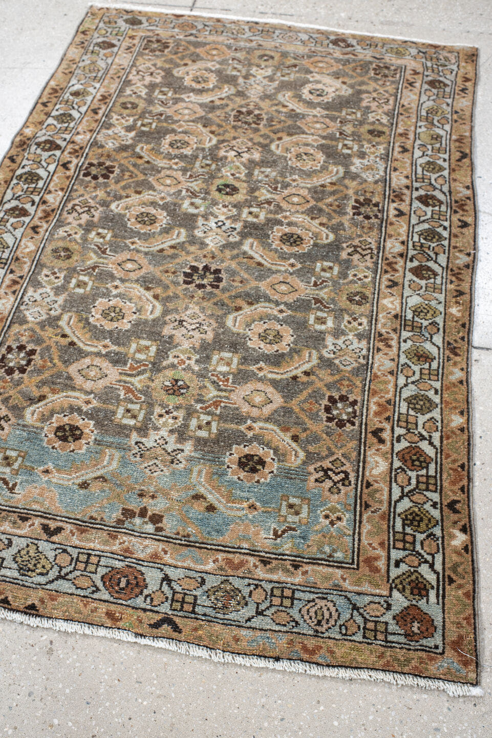 3' x 4' one-of-a-kind handmade vintage Malayer small size rug. Color palette: taupe, camel, ivory, pale_blue, brown, sage