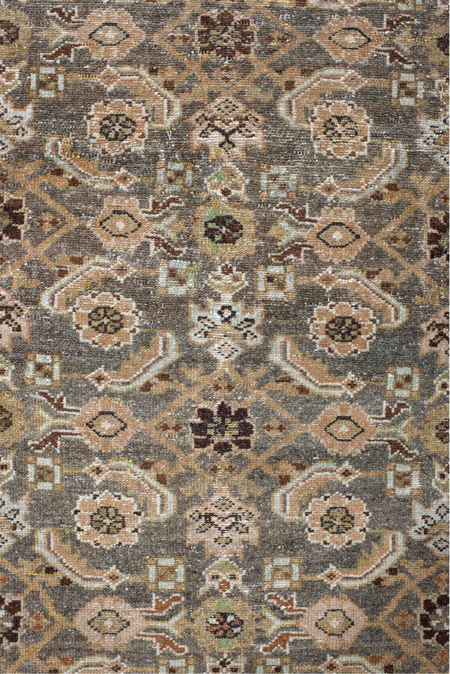 3' x 4' one-of-a-kind handmade vintage Malayer small size rug. Color palette: brown, floral white, gray, light gray, linen