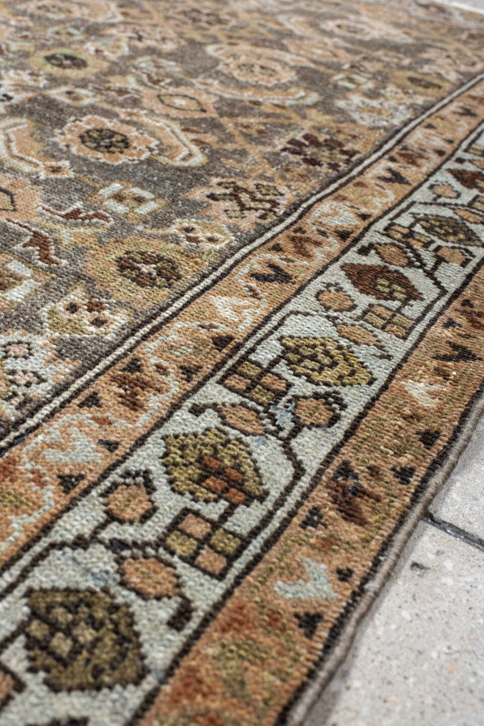 3' x 4' one-of-a-kind handmade vintage Malayer small size rug. Color palette: taupe, camel, ivory, pale_blue, brown, sage